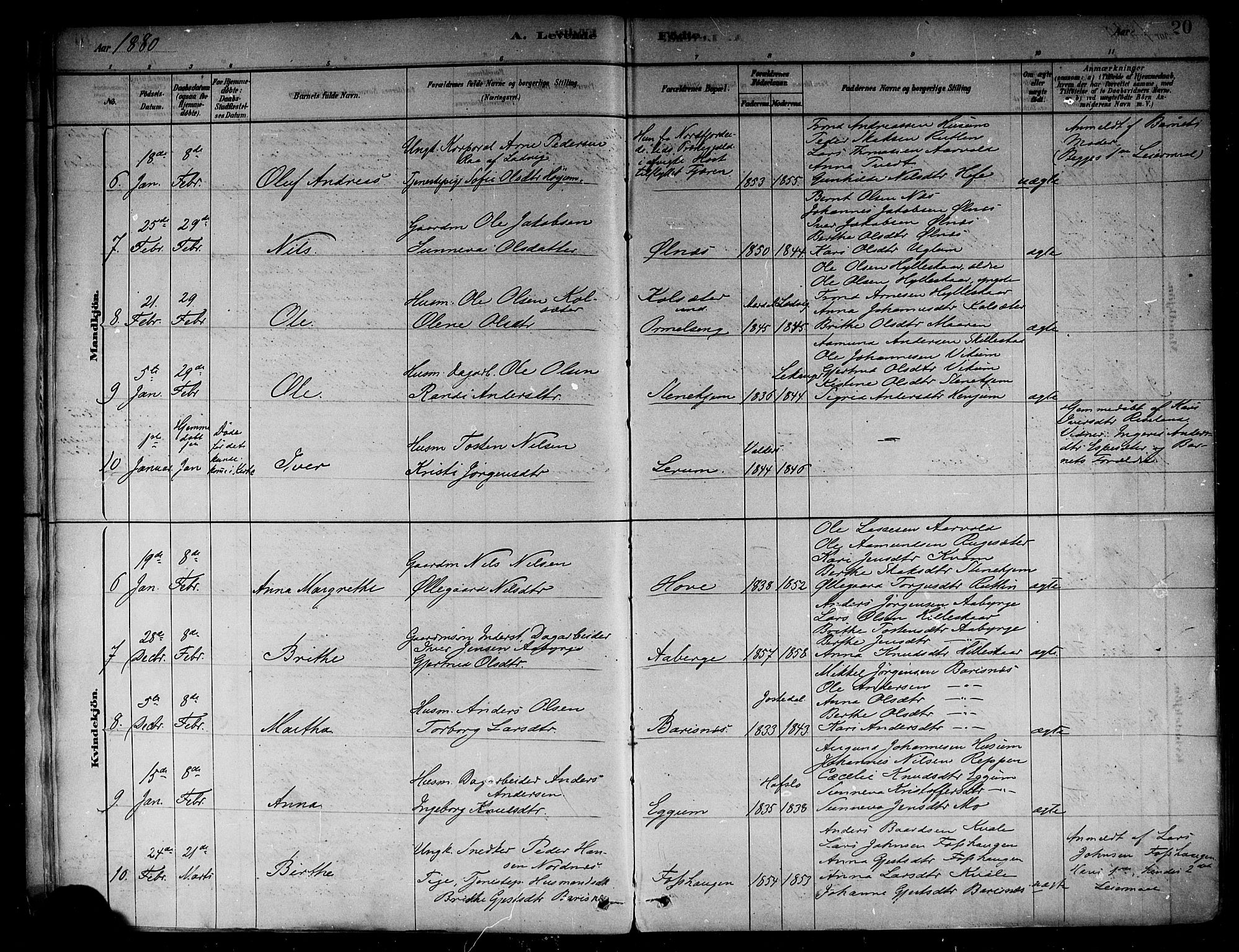 Sogndal sokneprestembete, AV/SAB-A-81301/H/Haa/Haab/L0001: Parish register (official) no. B 1, 1878-1899, p. 20