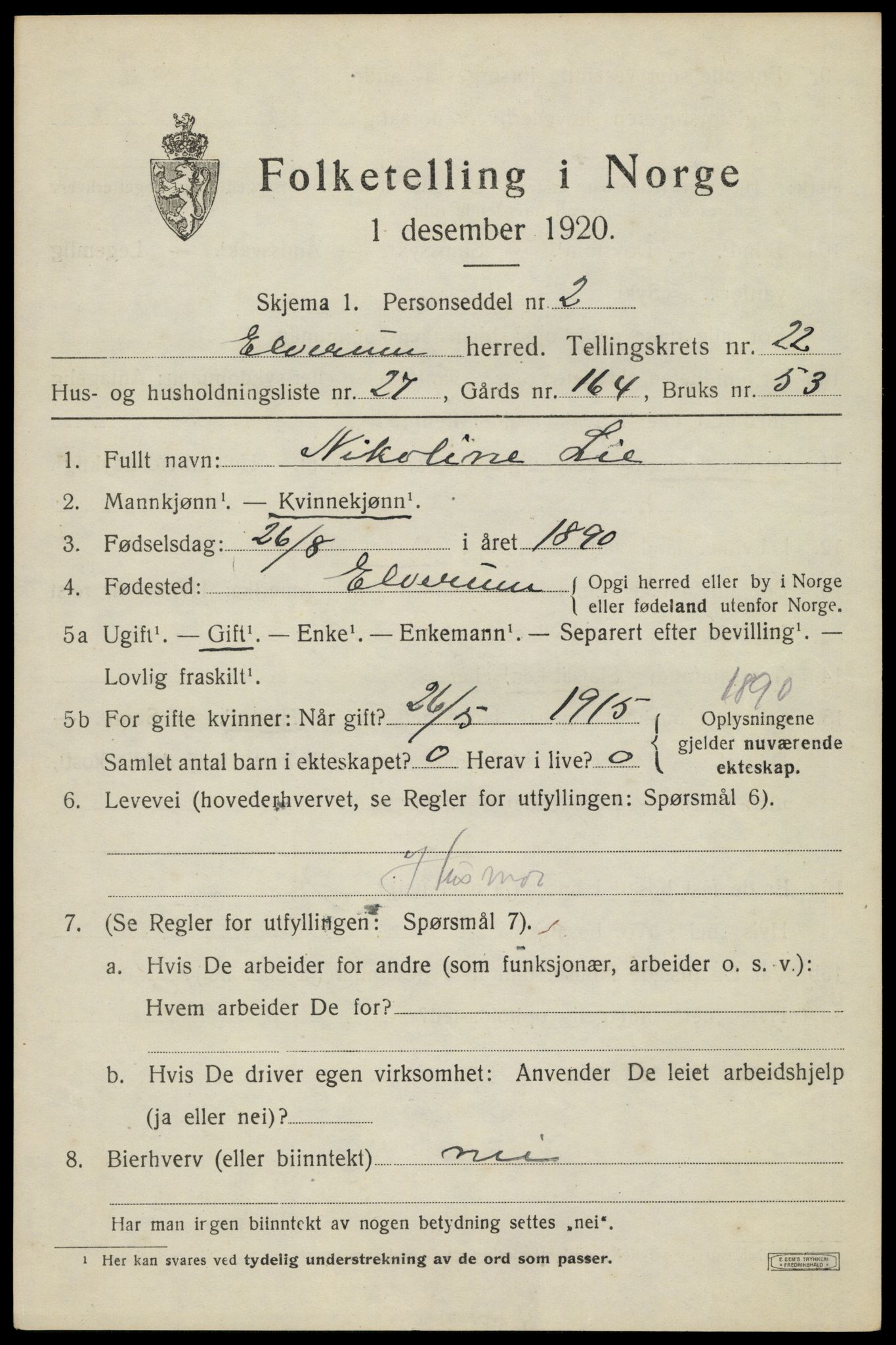 SAH, 1920 census for Elverum, 1920, p. 24930