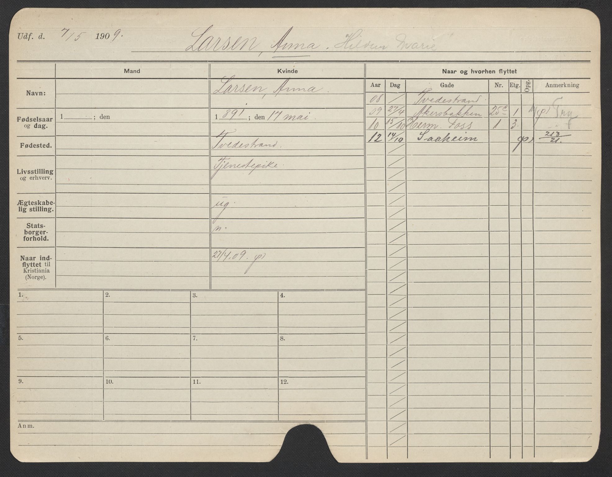 Oslo folkeregister, Registerkort, AV/SAO-A-11715/F/Fa/Fac/L0019: Kvinner, 1906-1914, p. 811a