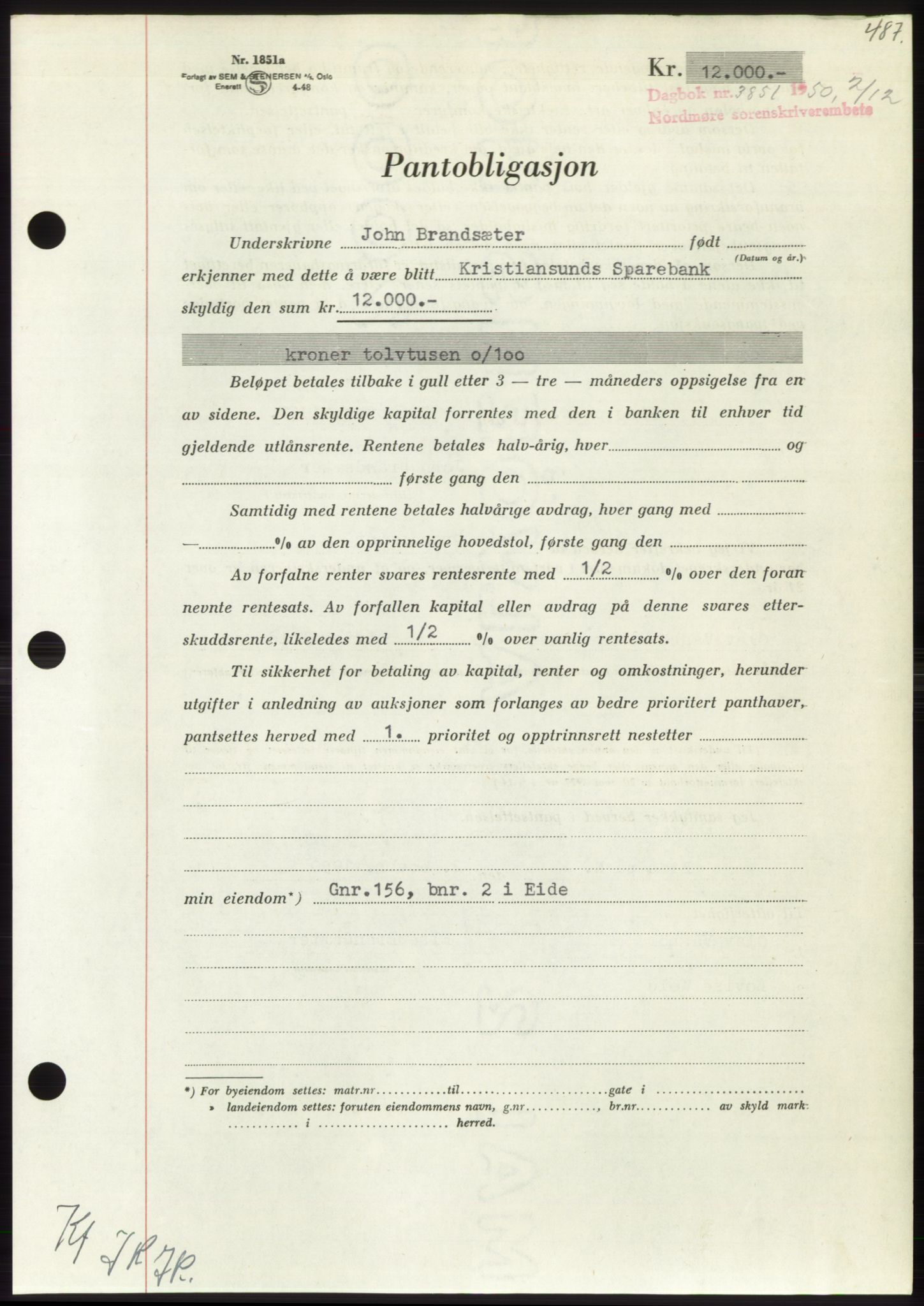 Nordmøre sorenskriveri, AV/SAT-A-4132/1/2/2Ca: Mortgage book no. B106, 1950-1950, Diary no: : 3851/1950