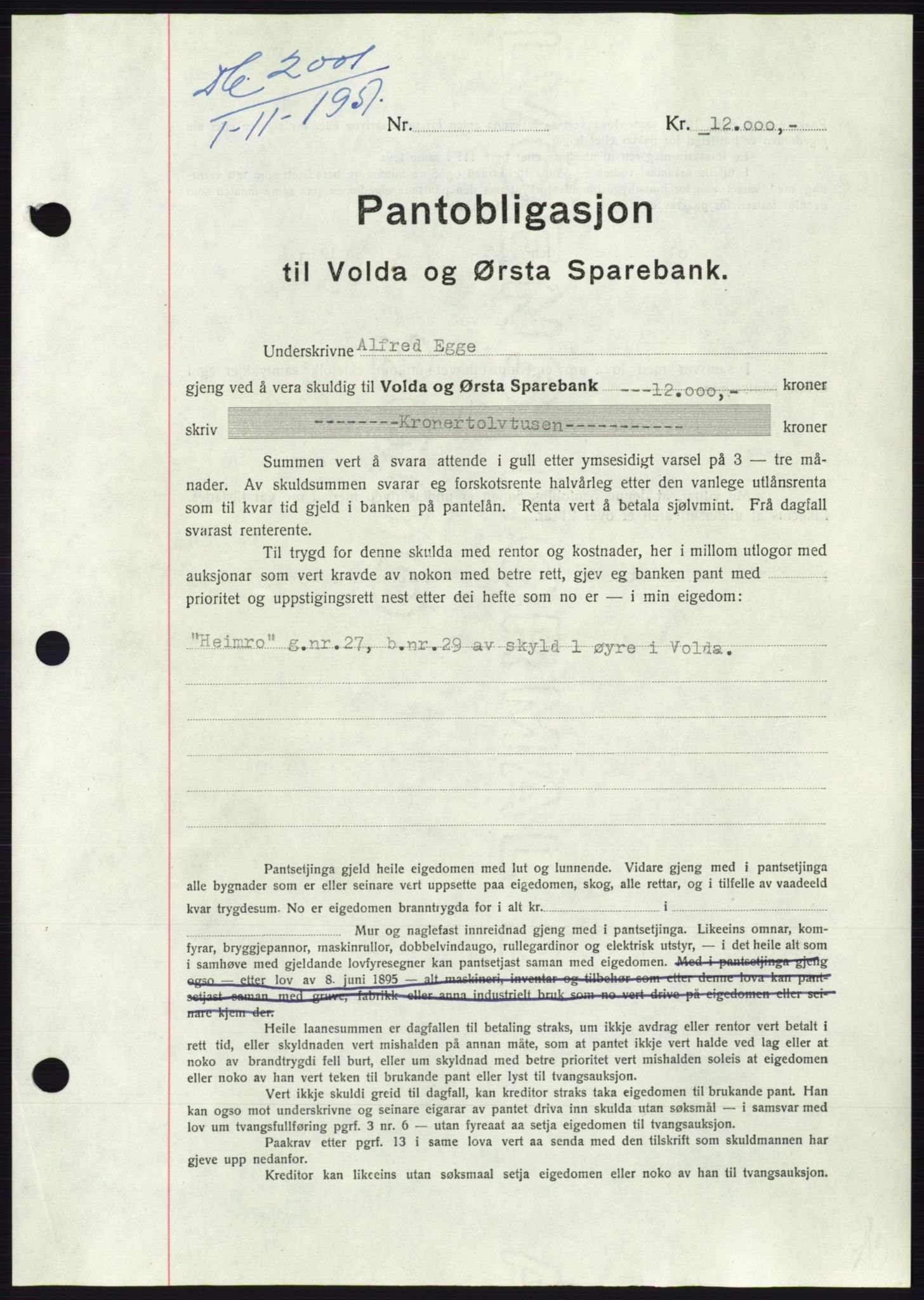 Søre Sunnmøre sorenskriveri, AV/SAT-A-4122/1/2/2C/L0120: Mortgage book no. 8B, 1951-1951, Diary no: : 2001/1951