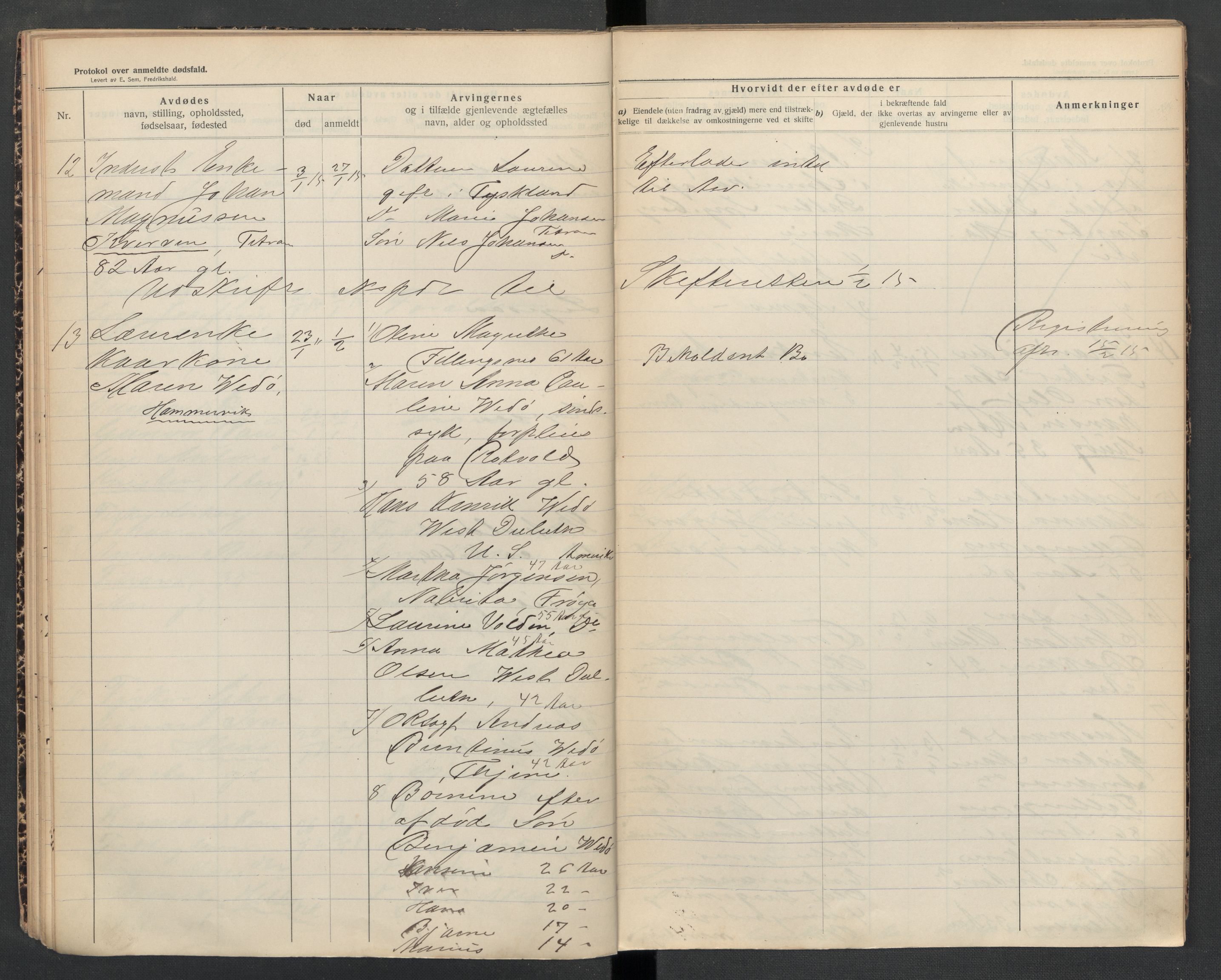 Frøya lensmannskontor, AV/SAT-A-1050/2/Ga/L0002: Dødsfallsprotokoll  (løse ark / vedlegg, se Yb 2), 1913-1918