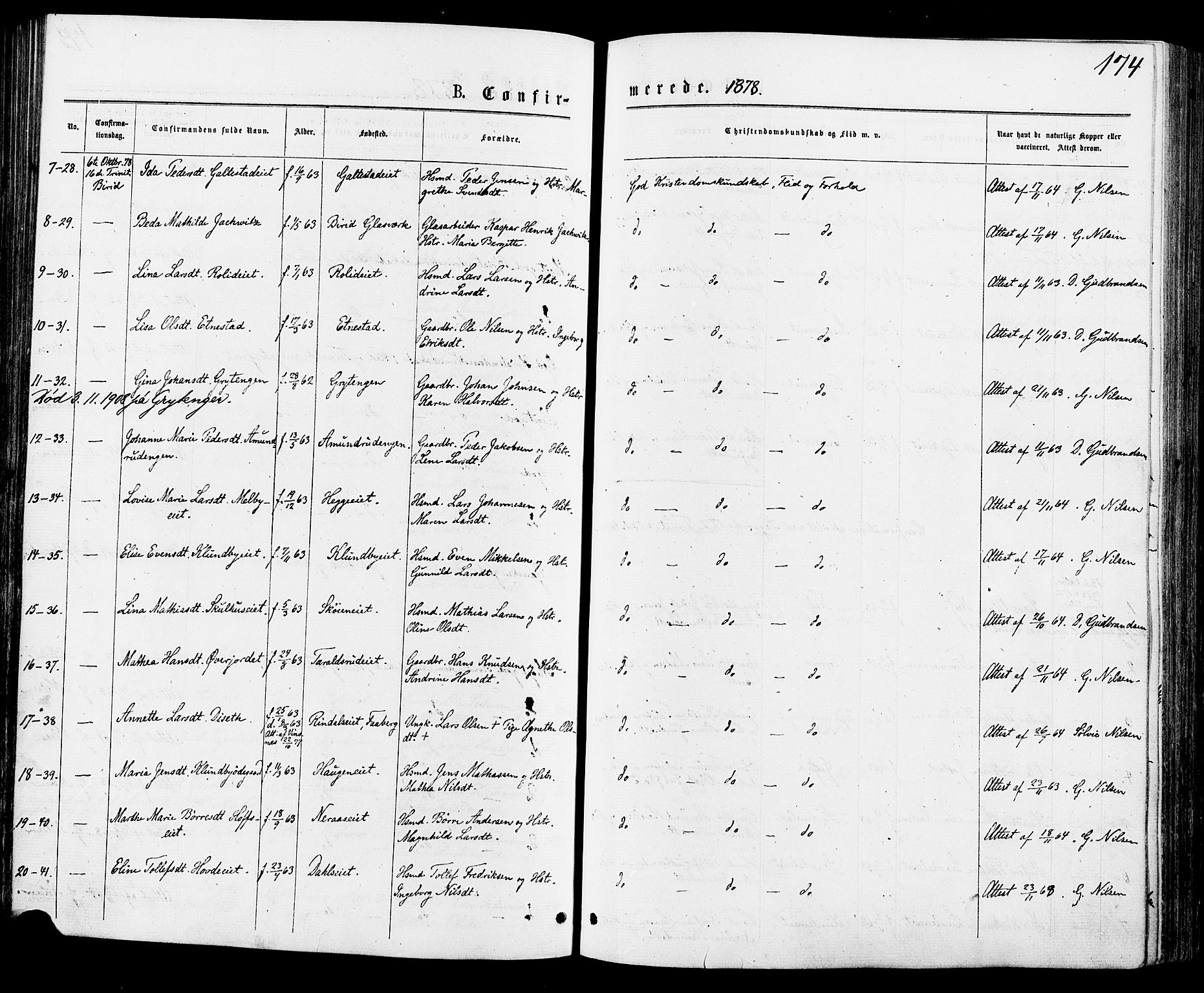 Biri prestekontor, AV/SAH-PREST-096/H/Ha/Haa/L0006: Parish register (official) no. 6, 1877-1886, p. 174