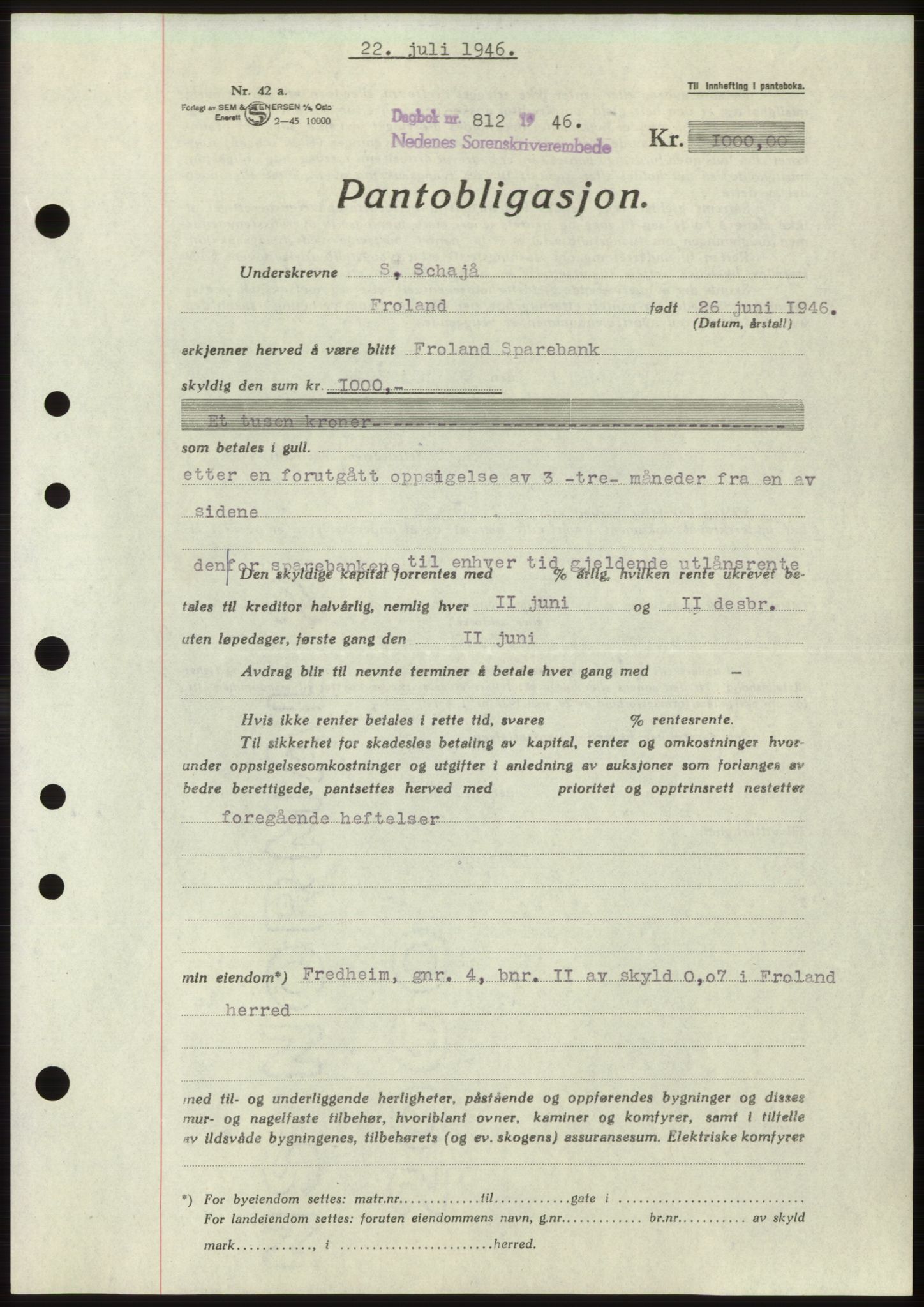 Nedenes sorenskriveri, SAK/1221-0006/G/Gb/Gbb/L0003: Mortgage book no. B3b, 1946-1946, Diary no: : 812/1946