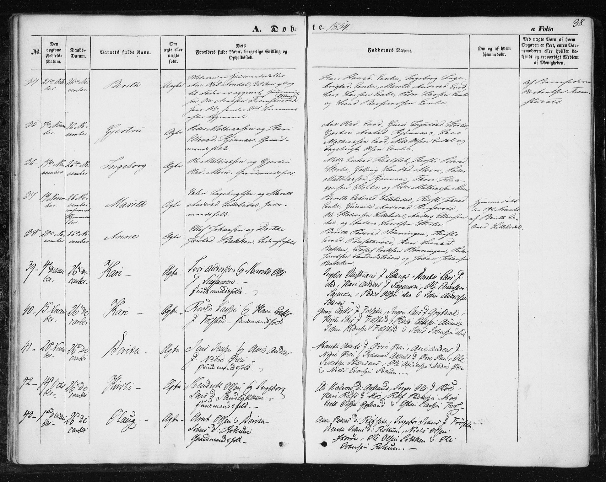 Ministerialprotokoller, klokkerbøker og fødselsregistre - Sør-Trøndelag, SAT/A-1456/687/L1000: Parish register (official) no. 687A06, 1848-1869, p. 38
