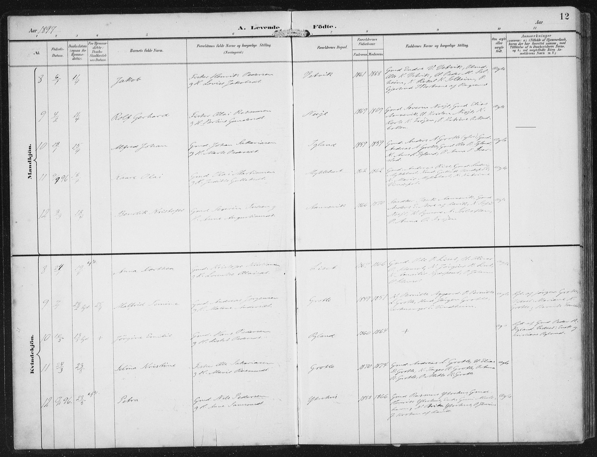 Bremanger sokneprestembete, AV/SAB-A-82201/H/Haa/Haab/L0002: Parish register (official) no. B  2, 1896-1908, p. 12