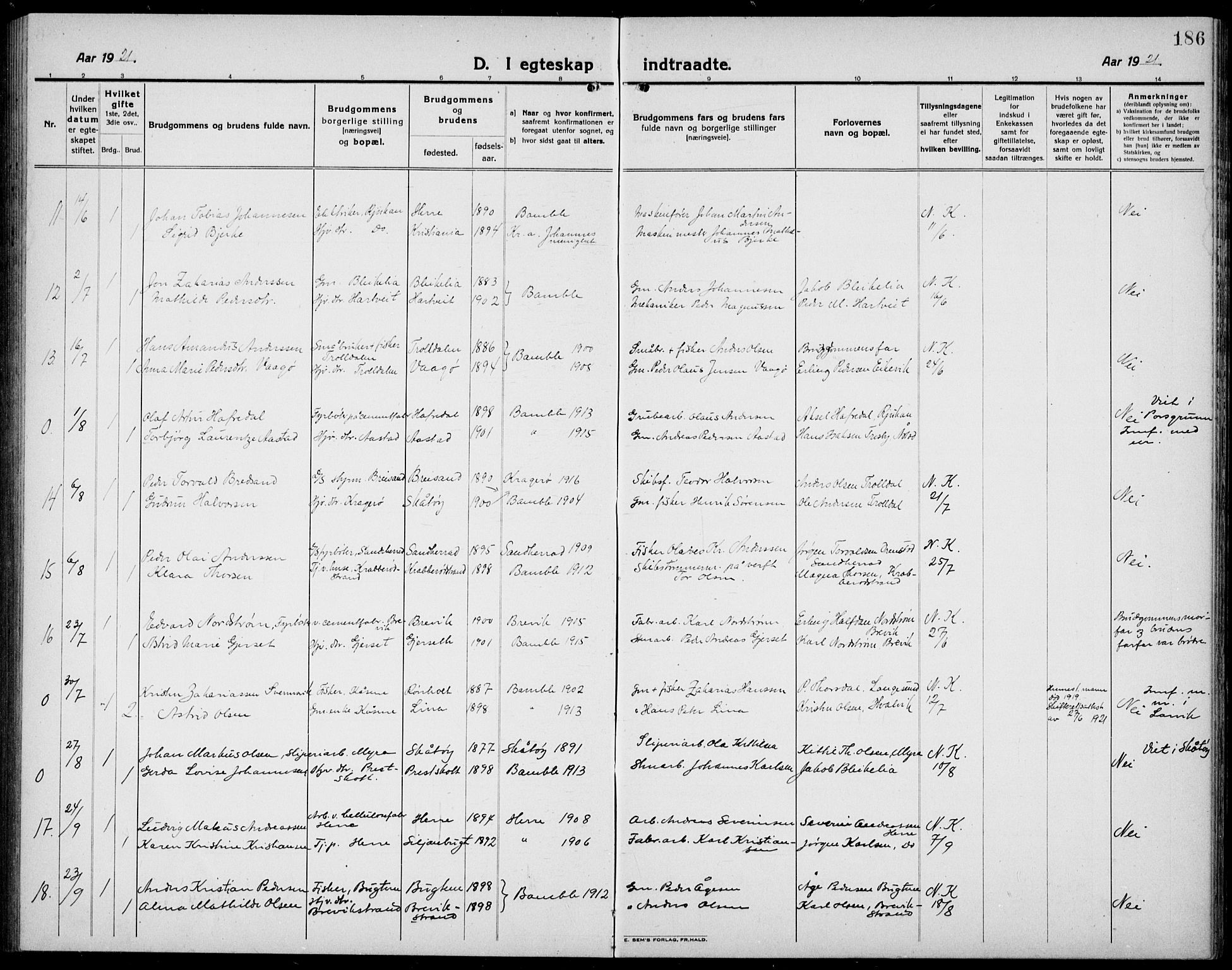 Bamble kirkebøker, AV/SAKO-A-253/G/Ga/L0011: Parish register (copy) no. I 11, 1920-1935, p. 186