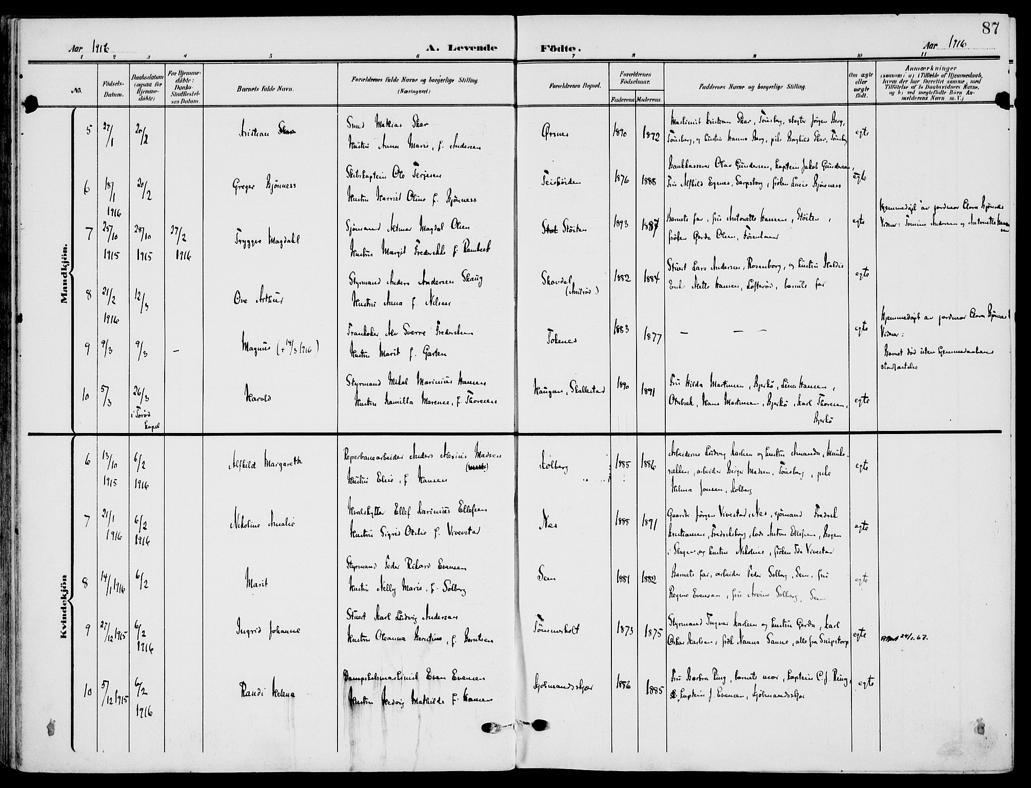 Nøtterøy kirkebøker, AV/SAKO-A-354/F/Fa/L0010: Parish register (official) no. I 10, 1908-1919, p. 87