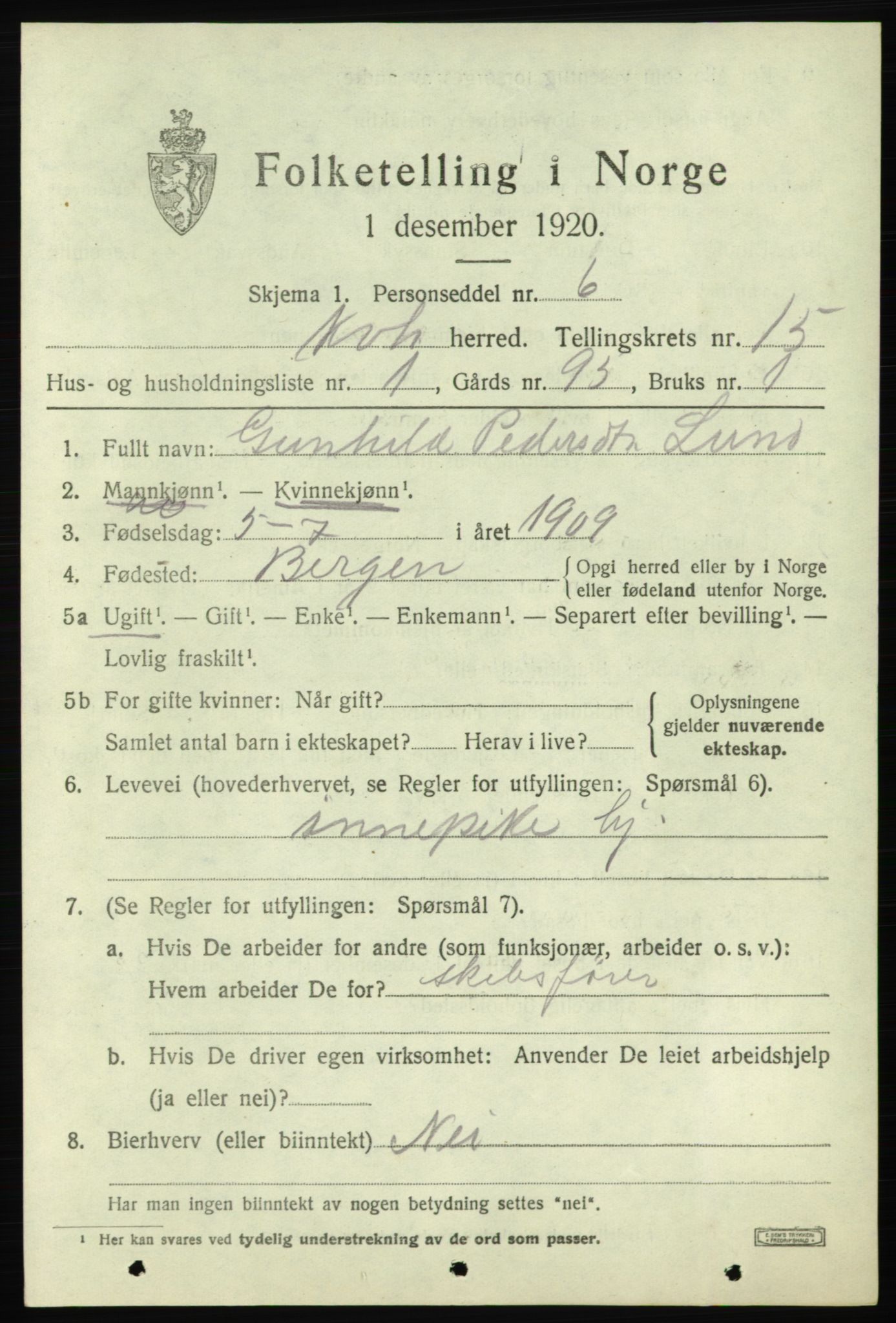 SAB, 1920 census for Kvinnherad, 1920, p. 9264