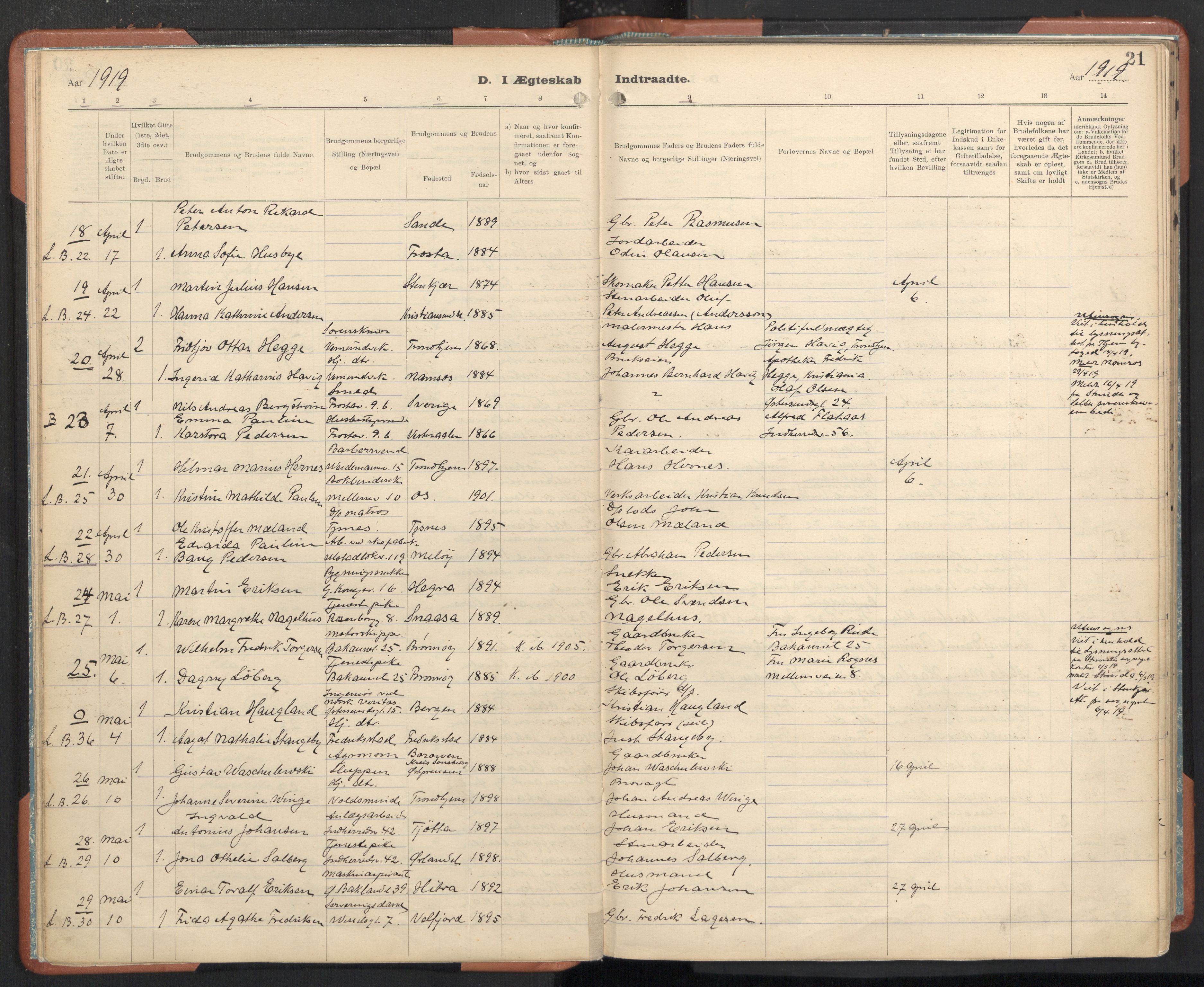Ministerialprotokoller, klokkerbøker og fødselsregistre - Sør-Trøndelag, SAT/A-1456/605/L0245: Parish register (official) no. 605A07, 1916-1938, p. 21