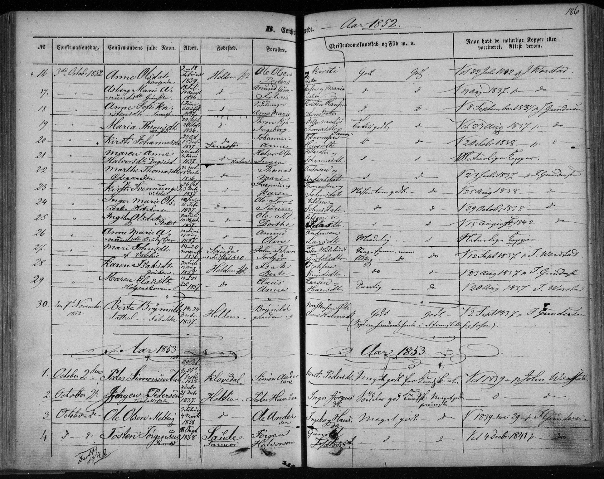 Holla kirkebøker, SAKO/A-272/F/Fa/L0005: Parish register (official) no. 5, 1849-1860, p. 186