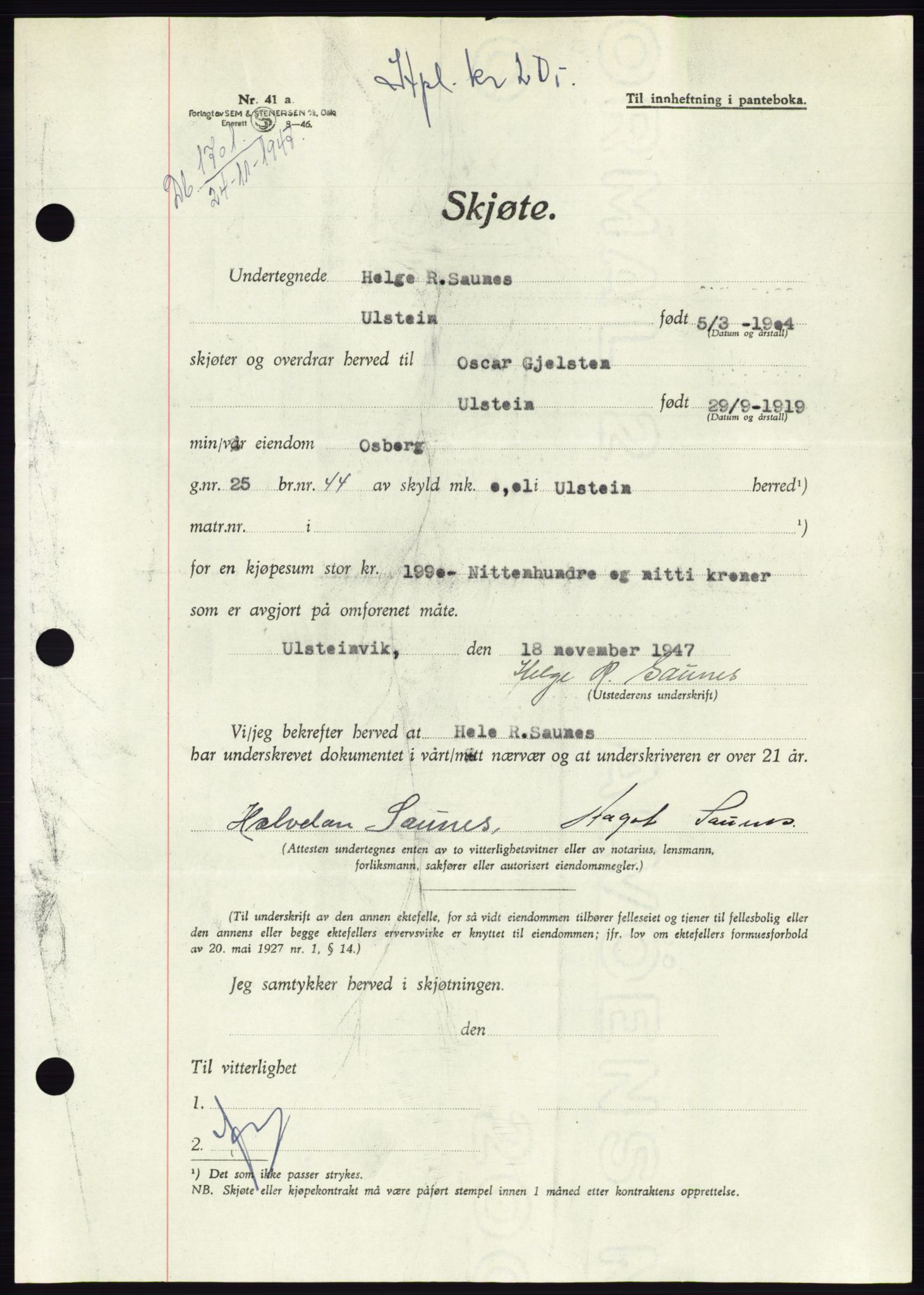 Søre Sunnmøre sorenskriveri, AV/SAT-A-4122/1/2/2C/L0081: Mortgage book no. 7A, 1947-1948, Diary no: : 1701/1947