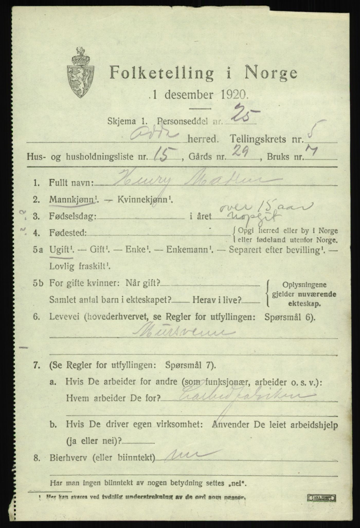 SAB, 1920 census for Odda, 1920, p. 3385