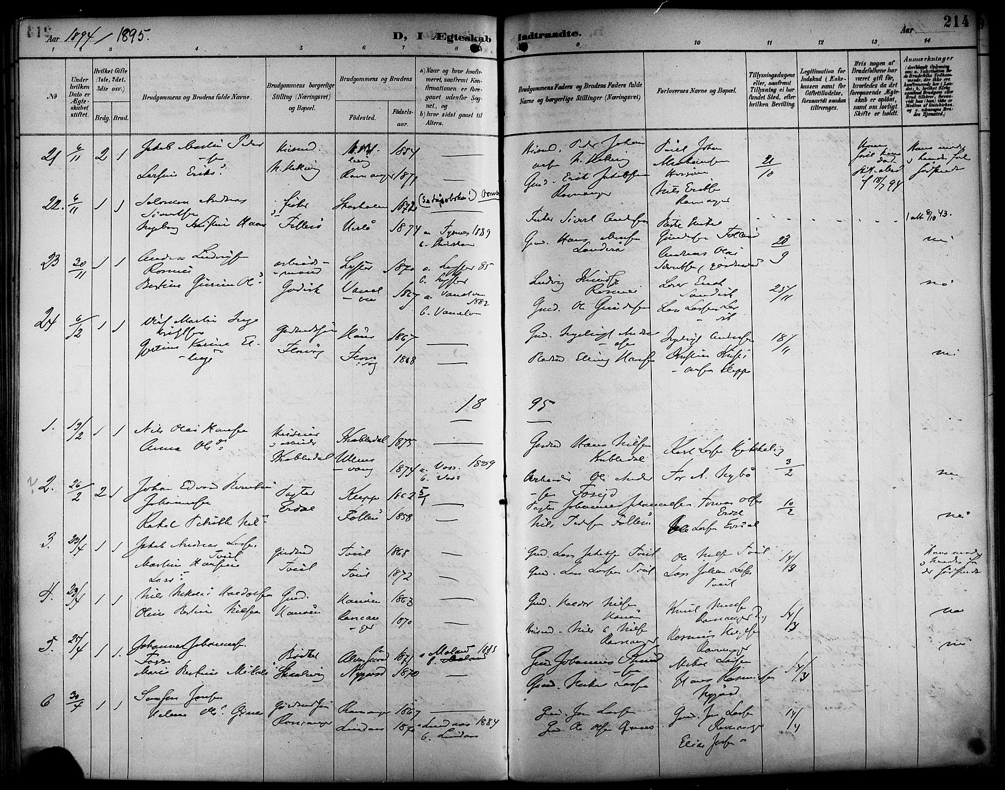 Askøy Sokneprestembete, SAB/A-74101/H/Ha/Haa/Haab/L0002: Parish register (official) no. B 2, 1889-1902, p. 214