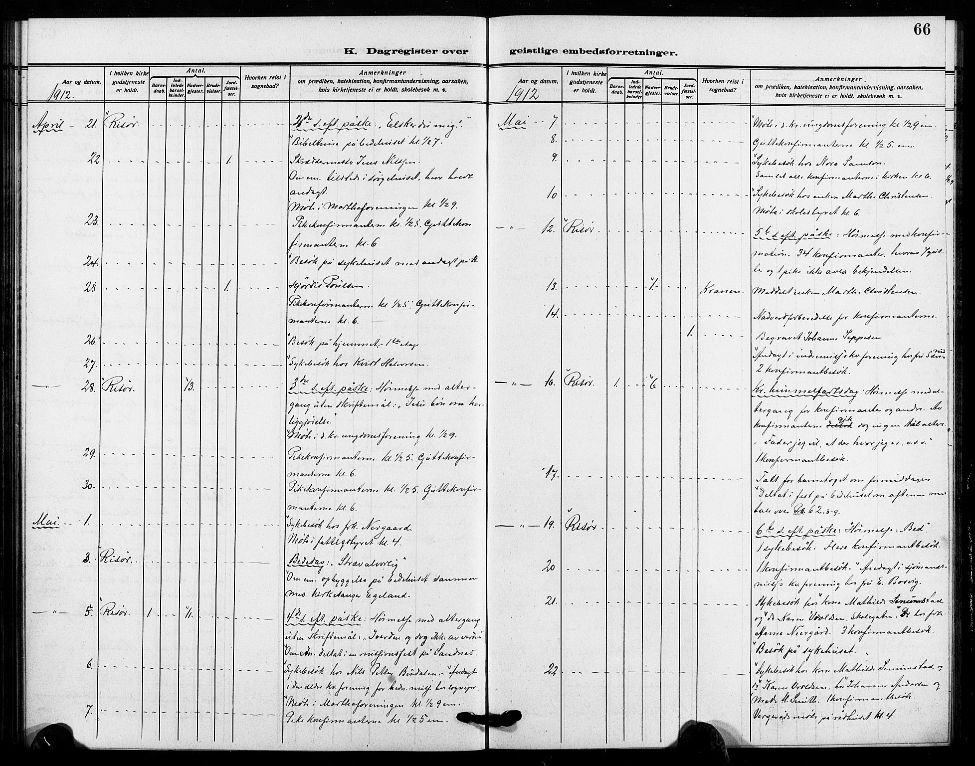 Risør sokneprestkontor, AV/SAK-1111-0035/F/Fa/L0007: Parish register (official) no. A 7, 1908-1921, p. 66