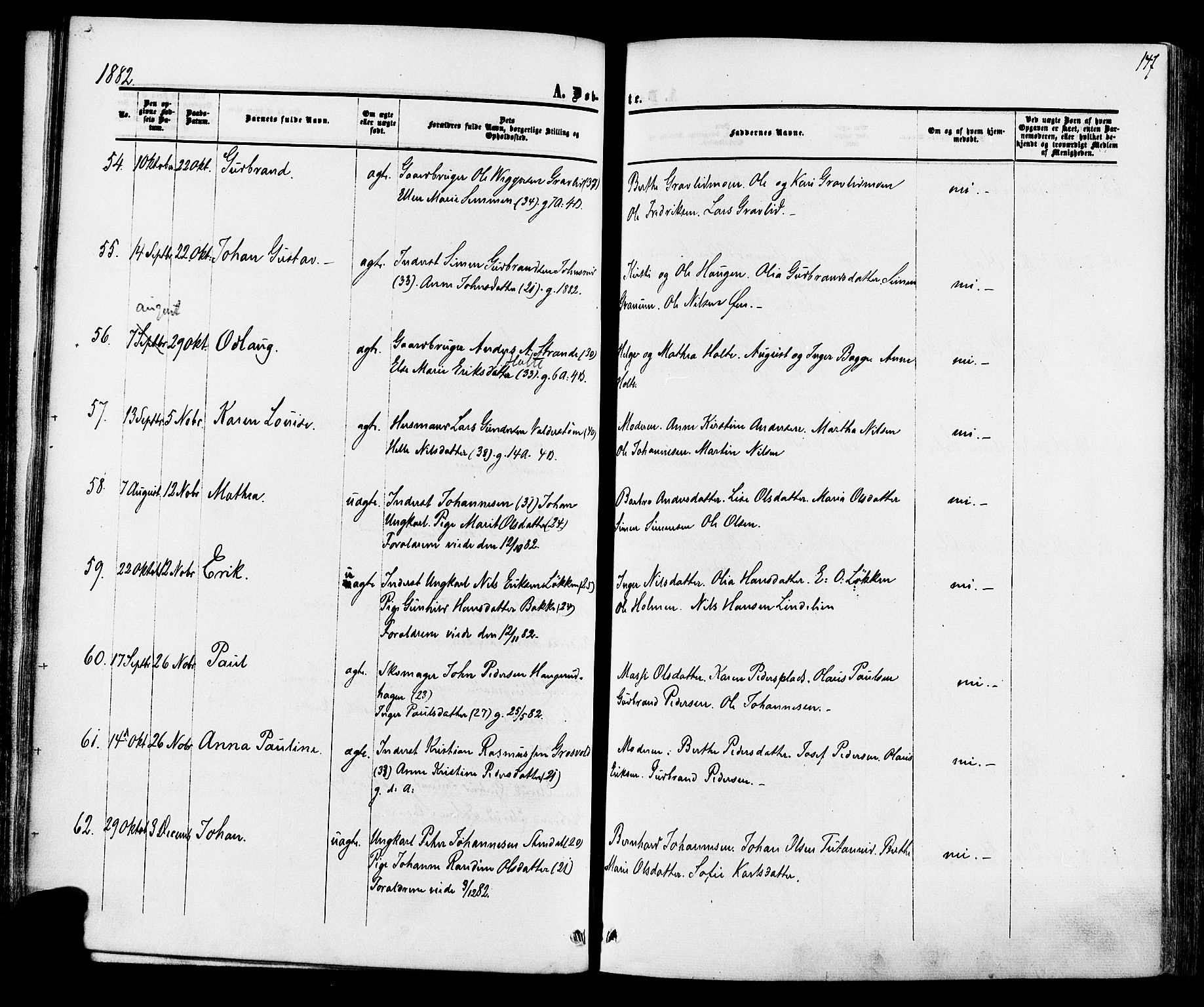 Ådal kirkebøker, AV/SAKO-A-248/F/Fa/L0001: Parish register (official) no. I 1, 1857-1883, p. 147