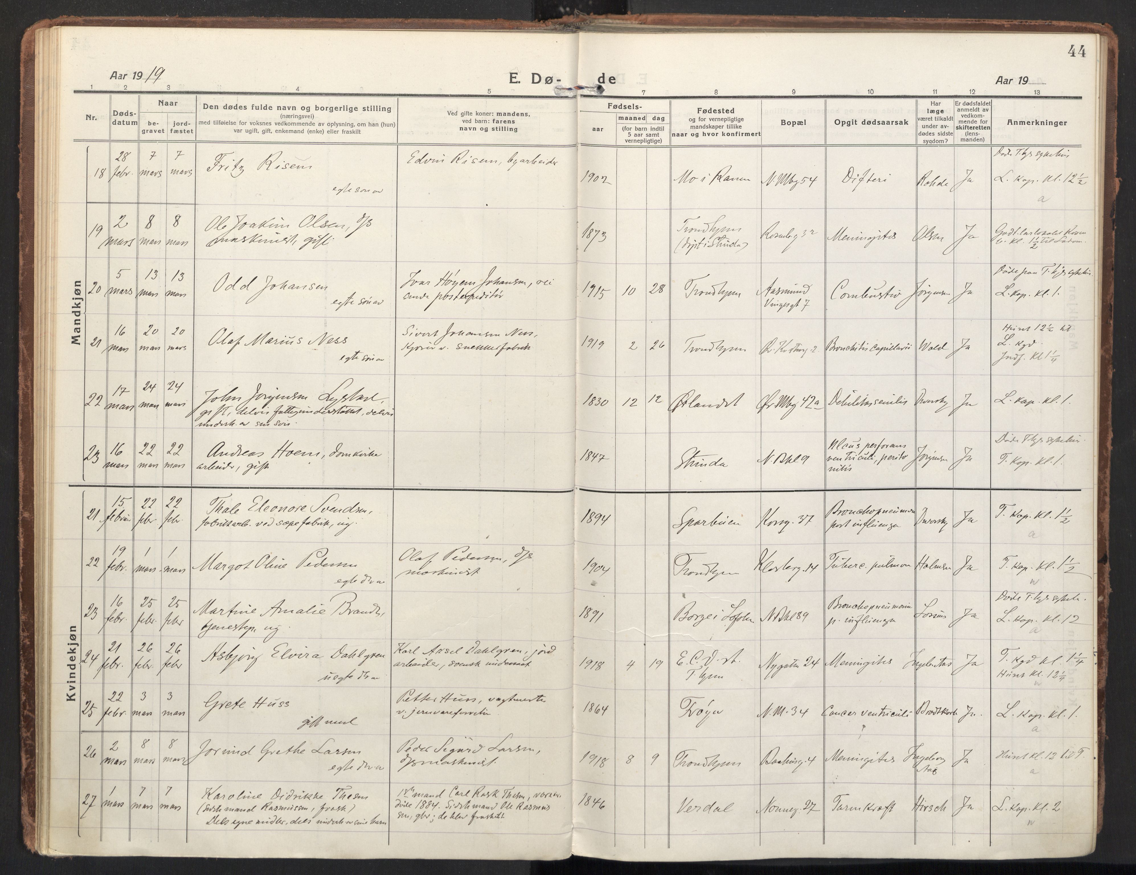 Ministerialprotokoller, klokkerbøker og fødselsregistre - Sør-Trøndelag, SAT/A-1456/604/L0207: Parish register (official) no. 604A27, 1917-1933, p. 44