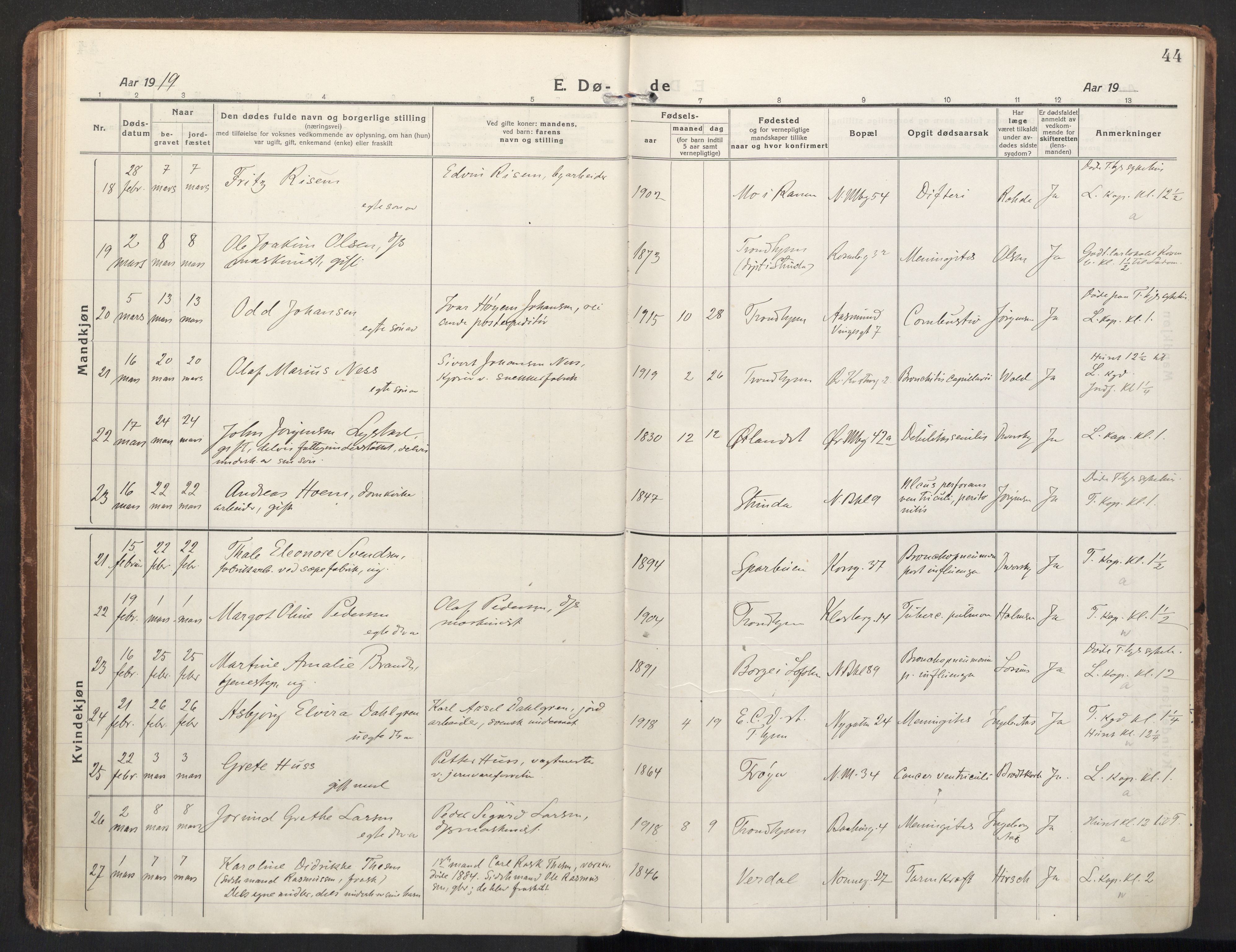 Ministerialprotokoller, klokkerbøker og fødselsregistre - Sør-Trøndelag, AV/SAT-A-1456/604/L0207: Parish register (official) no. 604A27, 1917-1933, p. 44