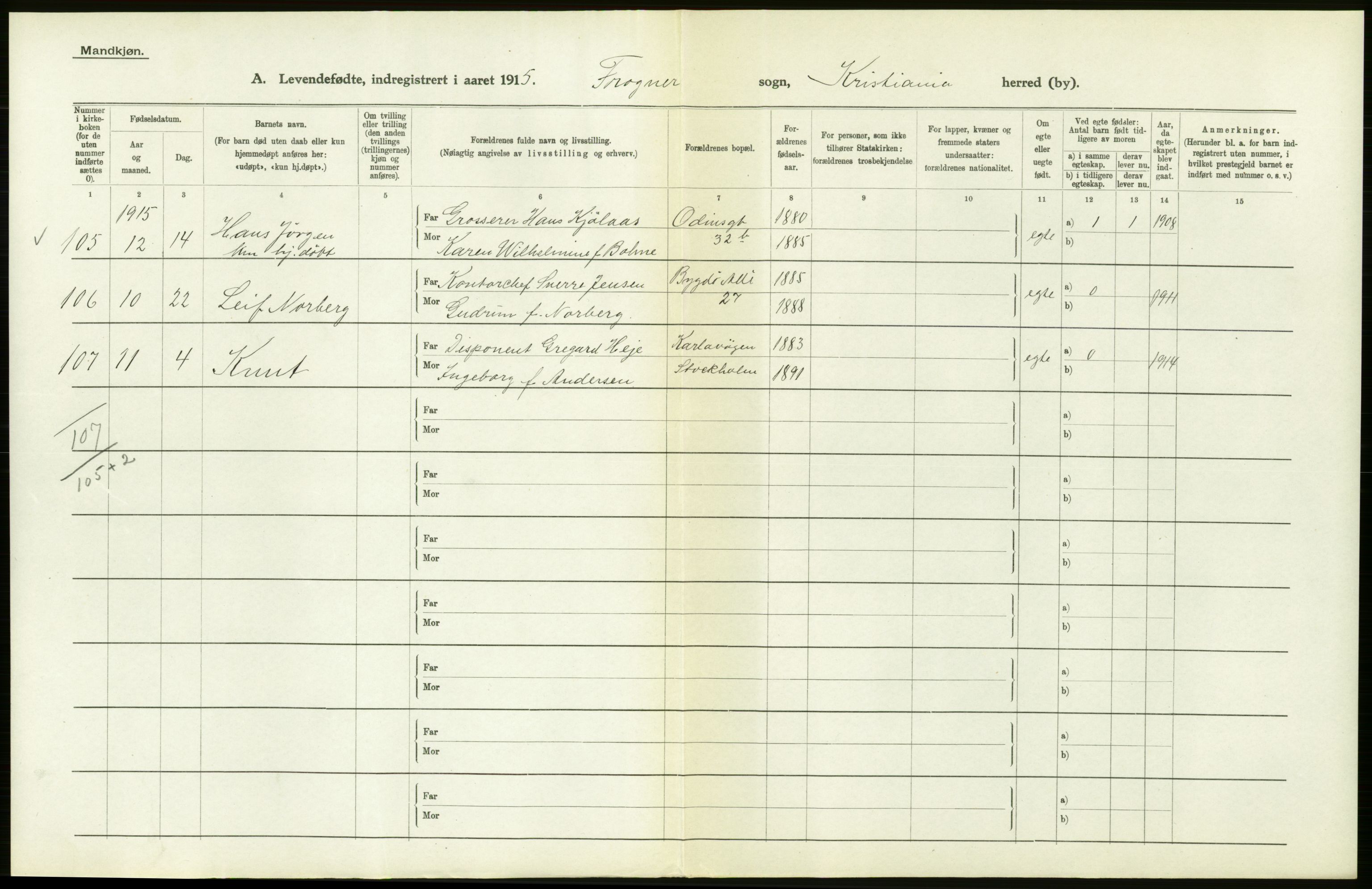 Statistisk sentralbyrå, Sosiodemografiske emner, Befolkning, RA/S-2228/D/Df/Dfb/Dfbe/L0007: Kristiania: Levendefødte menn og kvinner., 1915, p. 550