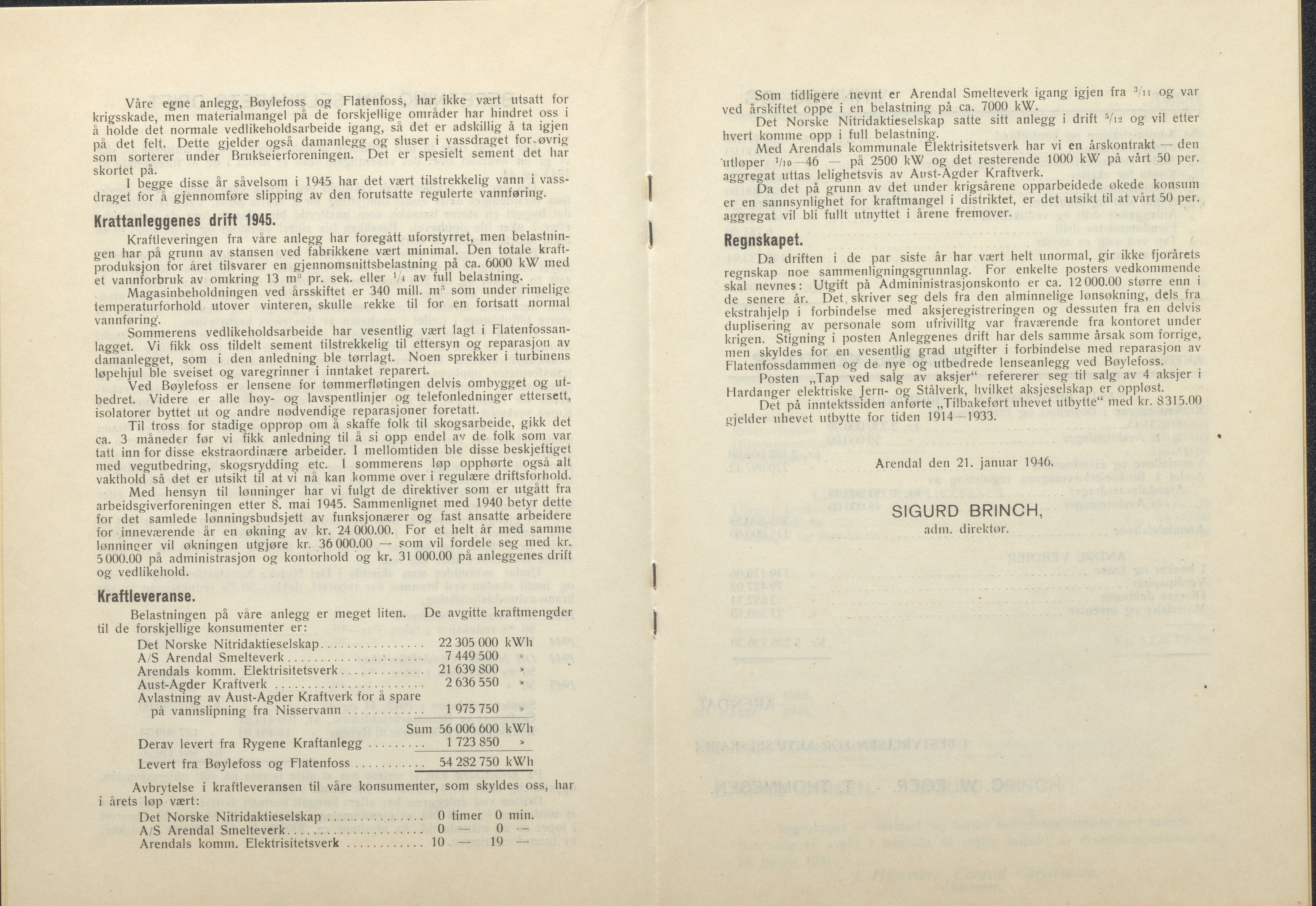 Arendals Fossekompani, AAKS/PA-2413/X/X01/L0001/0012: Beretninger, regnskap, balansekonto, gevinst- og tapskonto / Beretning, regnskap 1945 - 1962, 1945-1962, p. 4