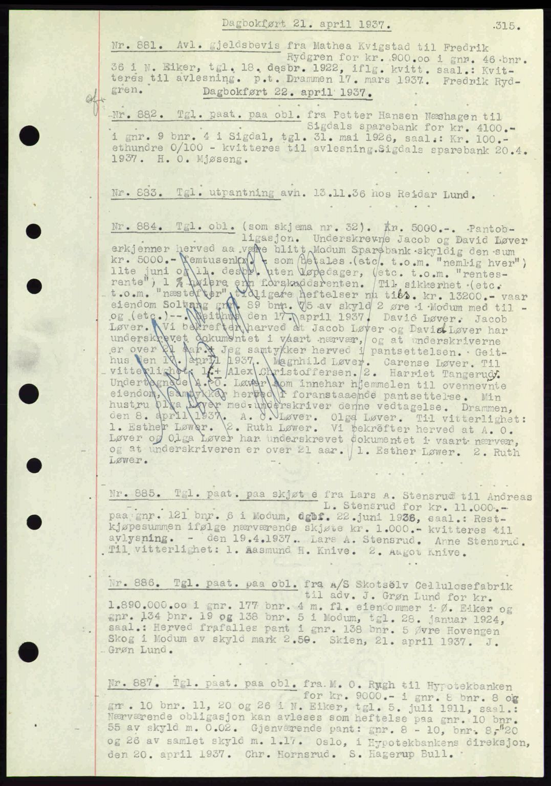 Eiker, Modum og Sigdal sorenskriveri, SAKO/A-123/G/Ga/Gab/L0035: Mortgage book no. A5, 1937-1937, Diary no: : 881/1937