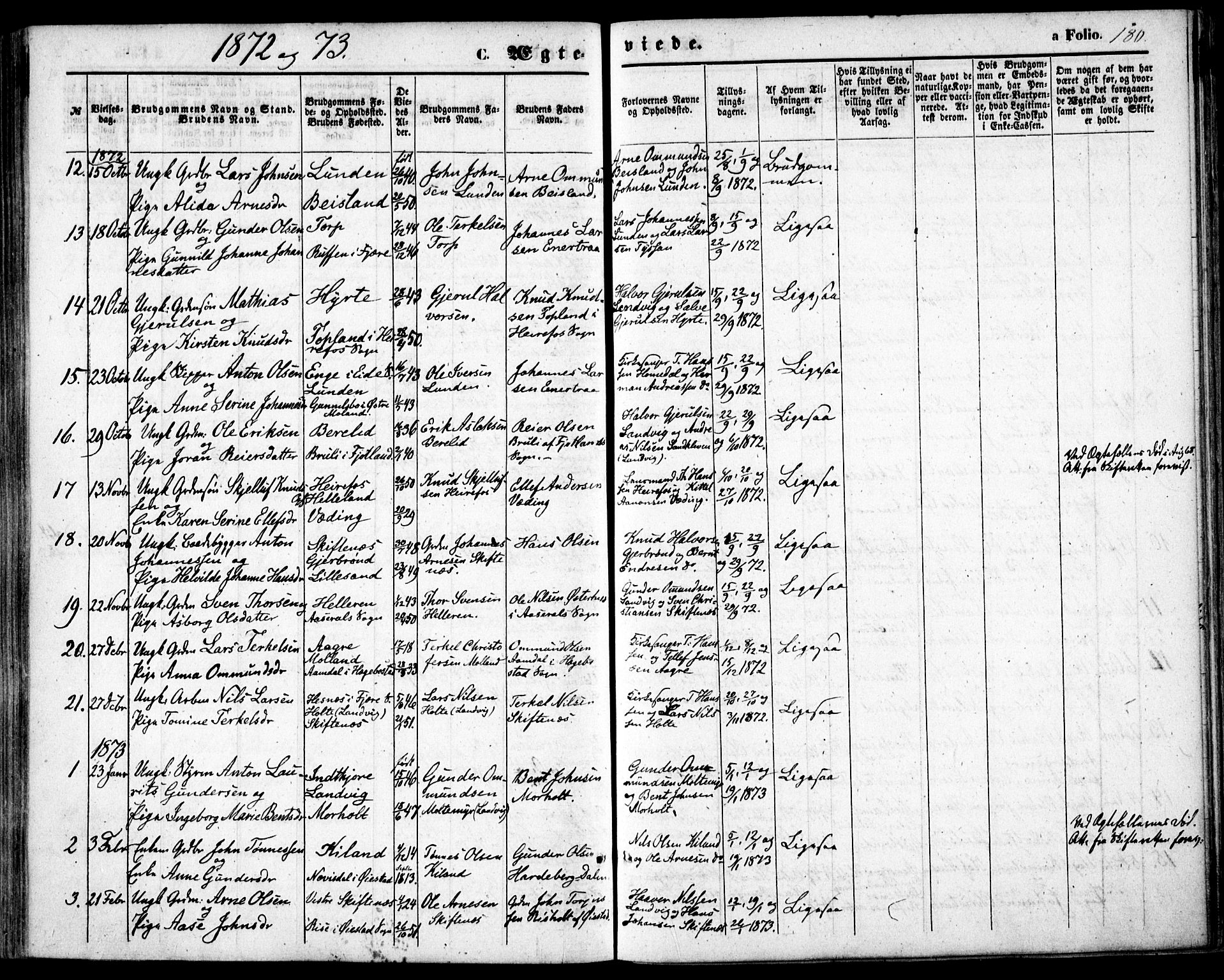 Hommedal sokneprestkontor, AV/SAK-1111-0023/F/Fa/Fab/L0005: Parish register (official) no. A 5, 1861-1877, p. 180