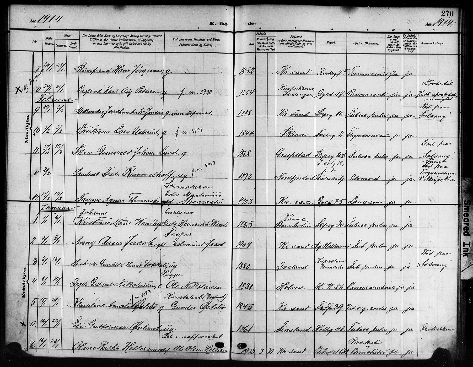 Kristiansand domprosti, SAK/1112-0006/F/Fb/L0020: Parish register (copy) no. B 20, 1906-1915, p. 270