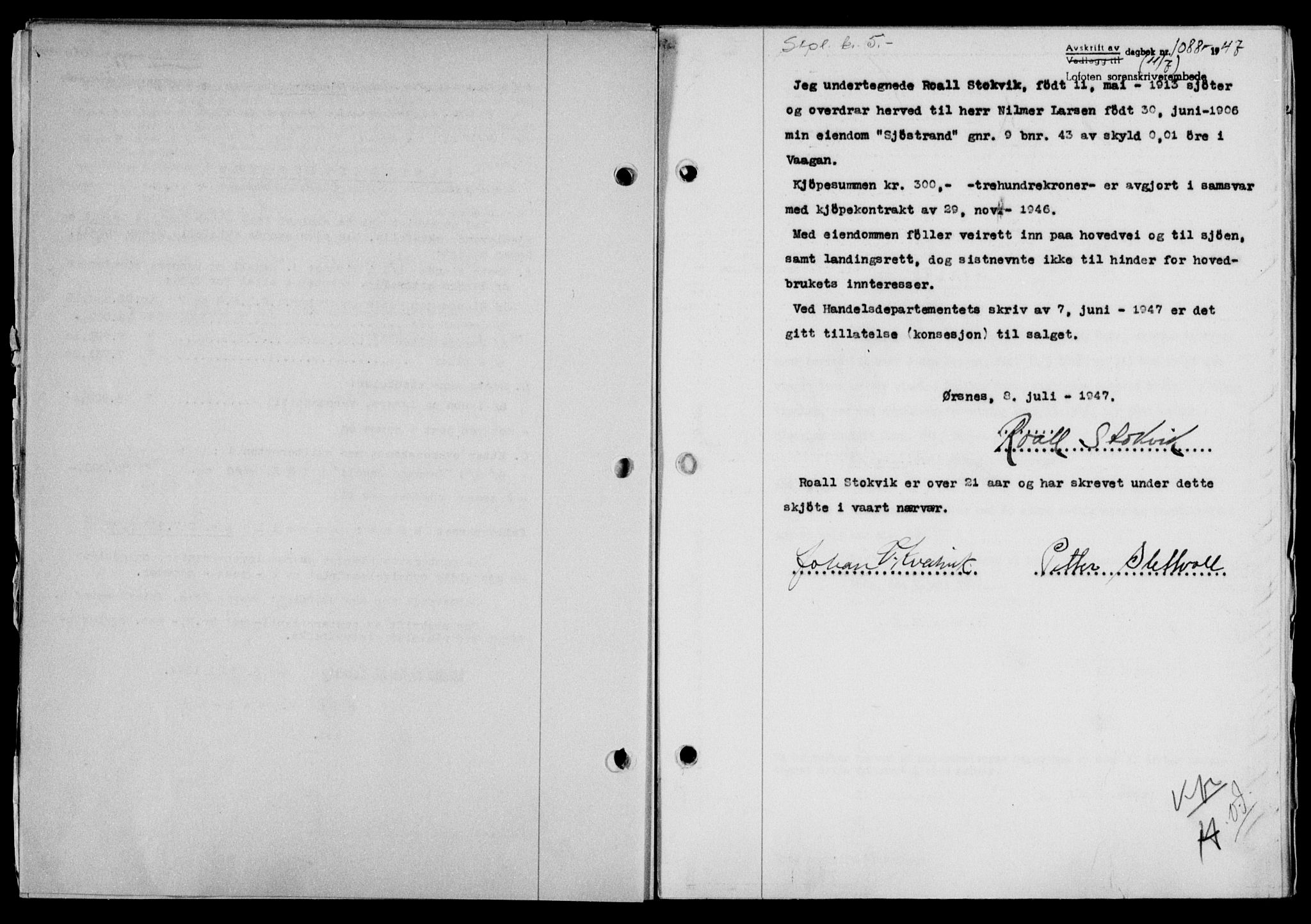 Lofoten sorenskriveri, SAT/A-0017/1/2/2C/L0016a: Mortgage book no. 16a, 1947-1947, Diary no: : 1088/1947