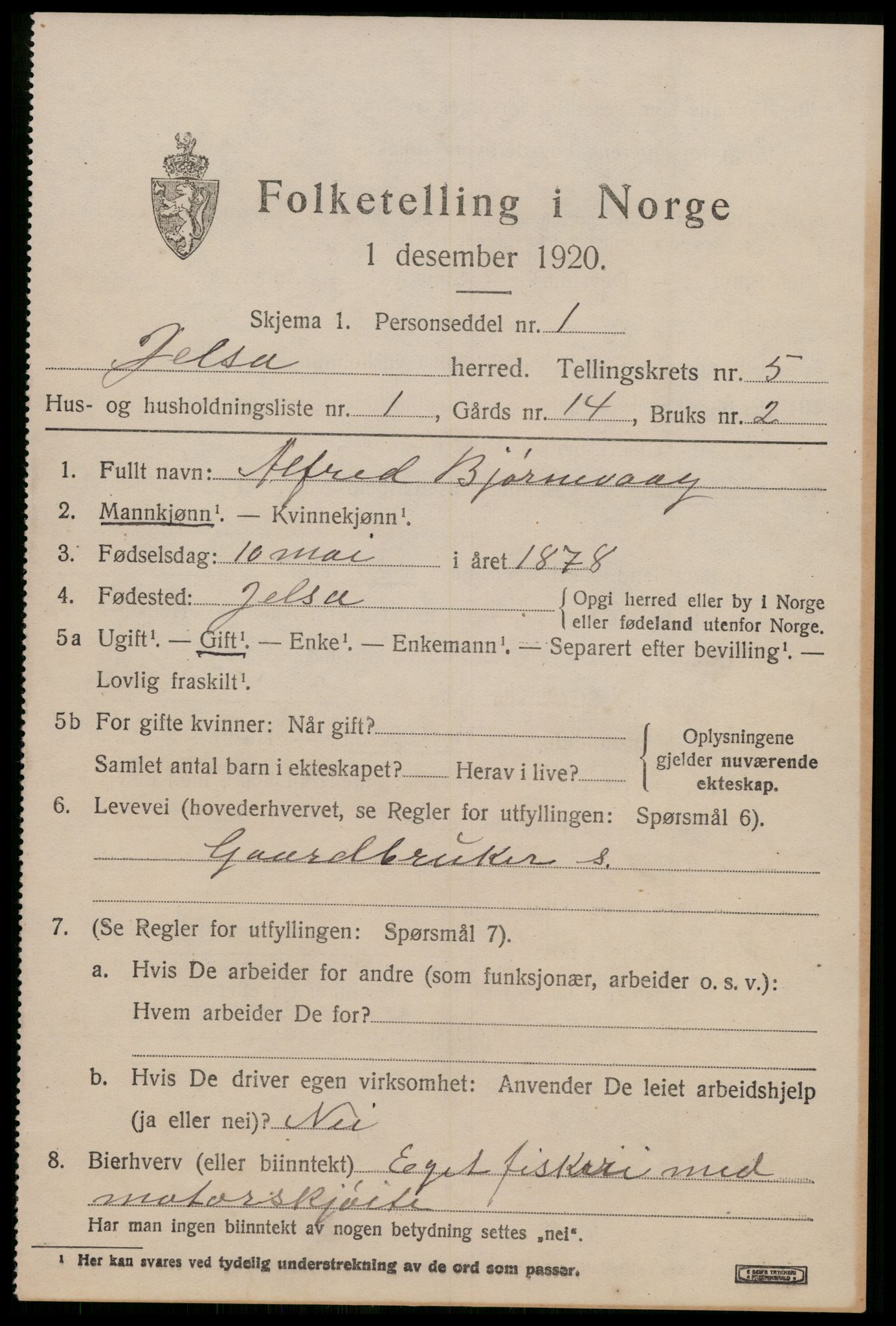 SAST, 1920 census for Jelsa, 1920, p. 1424