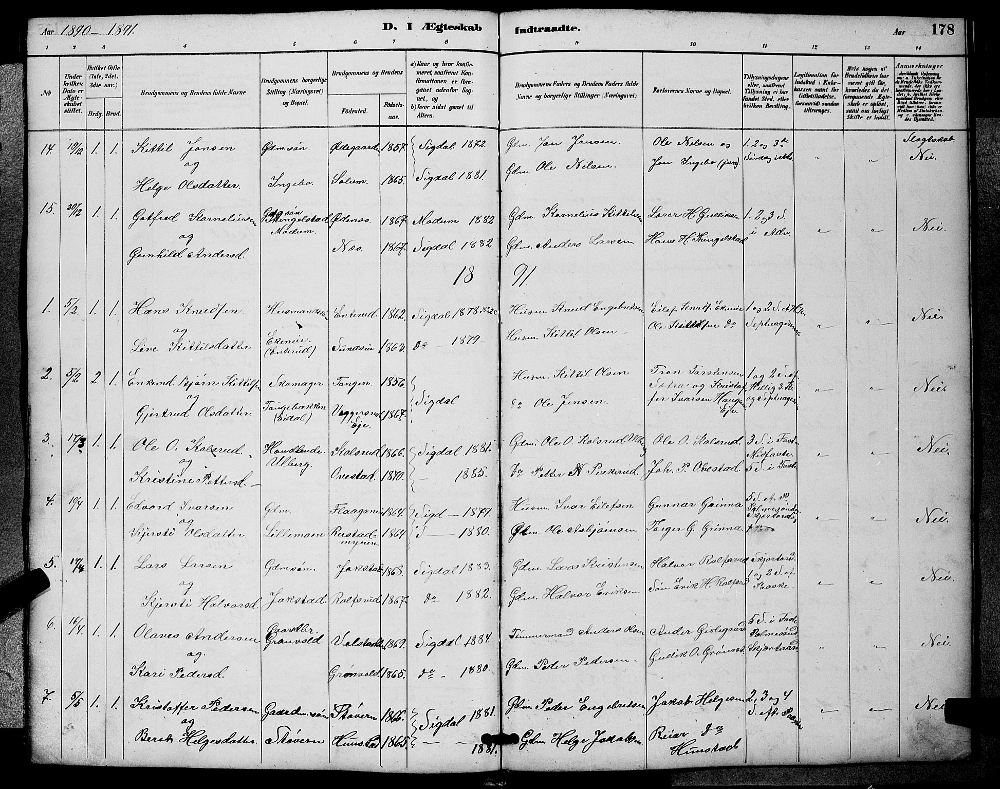 Sigdal kirkebøker, AV/SAKO-A-245/G/Ga/L0005: Parish register (copy) no. I 5, 1886-1900, p. 178