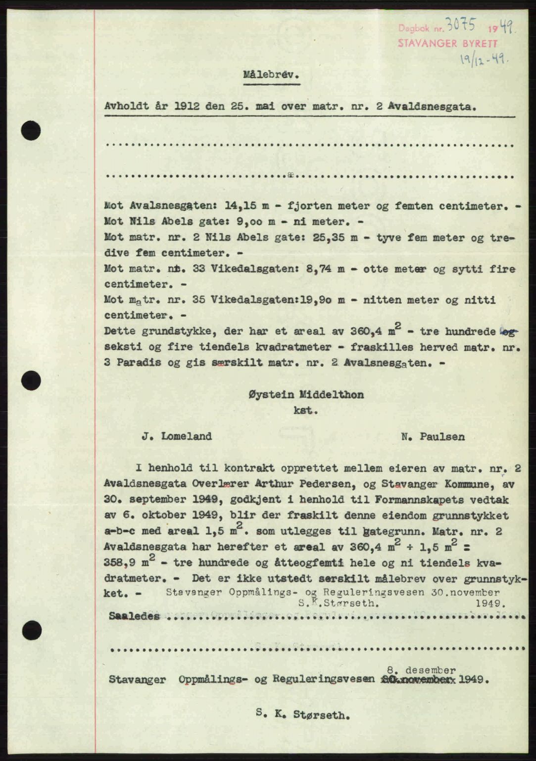 Stavanger byrett, SAST/A-100455/002/G/Gb/L0024: Mortgage book no. A13, 1949-1950, Diary no: : 3075/1949