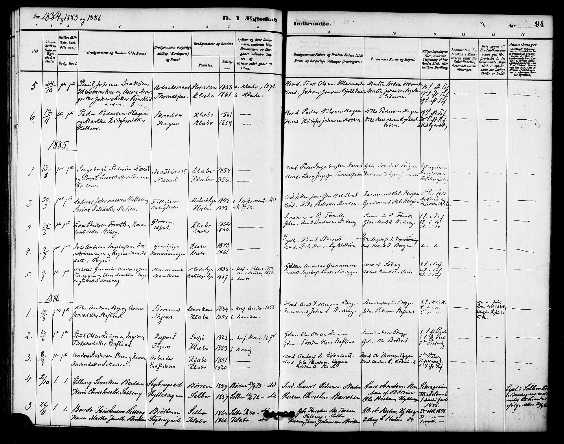 Ministerialprotokoller, klokkerbøker og fødselsregistre - Sør-Trøndelag, AV/SAT-A-1456/618/L0444: Parish register (official) no. 618A07, 1880-1898, p. 94