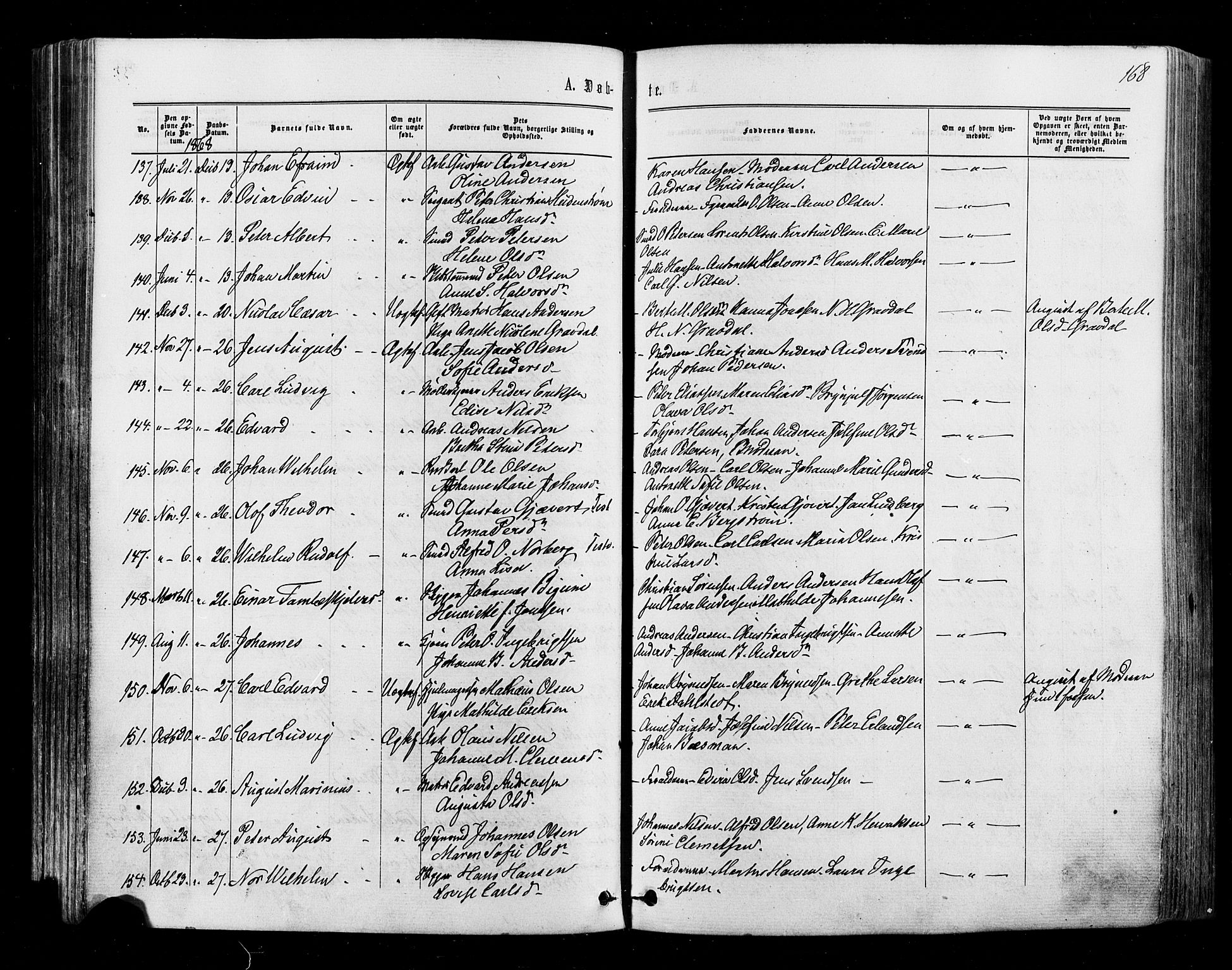 Halden prestekontor Kirkebøker, SAO/A-10909/F/Fa/L0009: Parish register (official) no. I 9, 1866-1877, p. 168