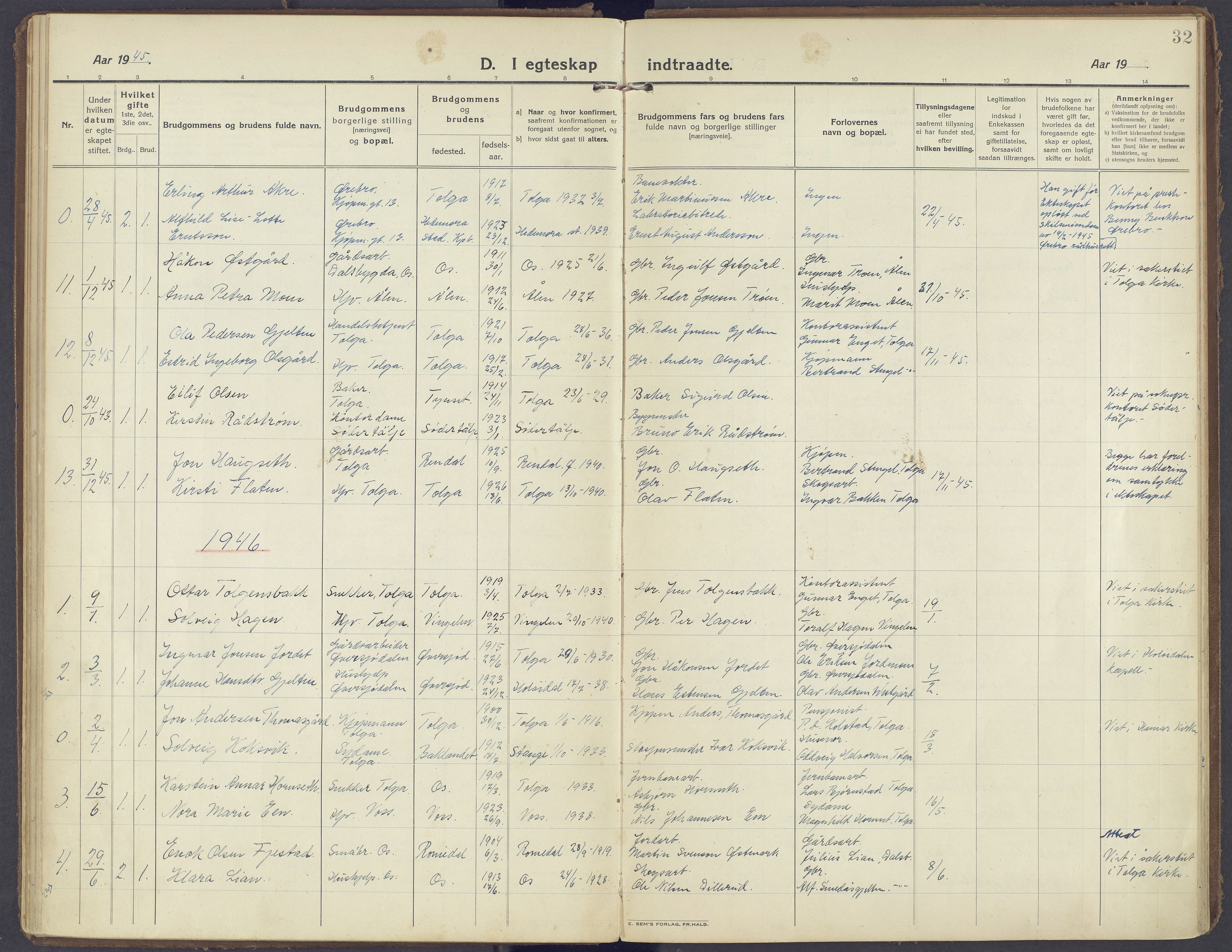 Tolga prestekontor, AV/SAH-PREST-062/K/L0019: Parish register (official) no. 19, 1921-1974, p. 32