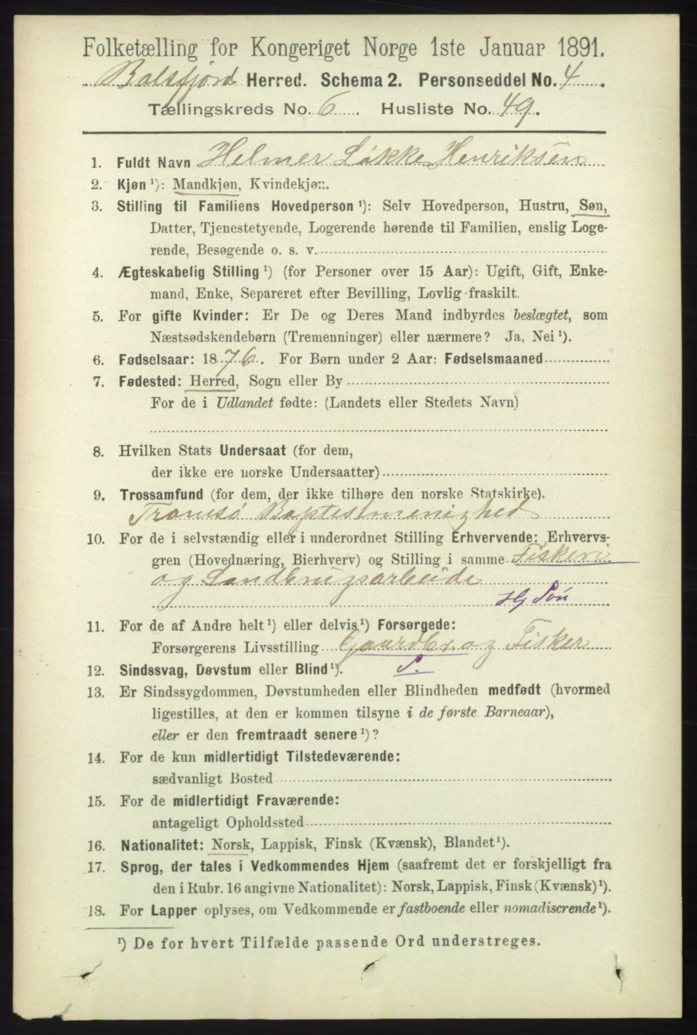 RA, 1891 census for 1933 Balsfjord, 1891, p. 1960