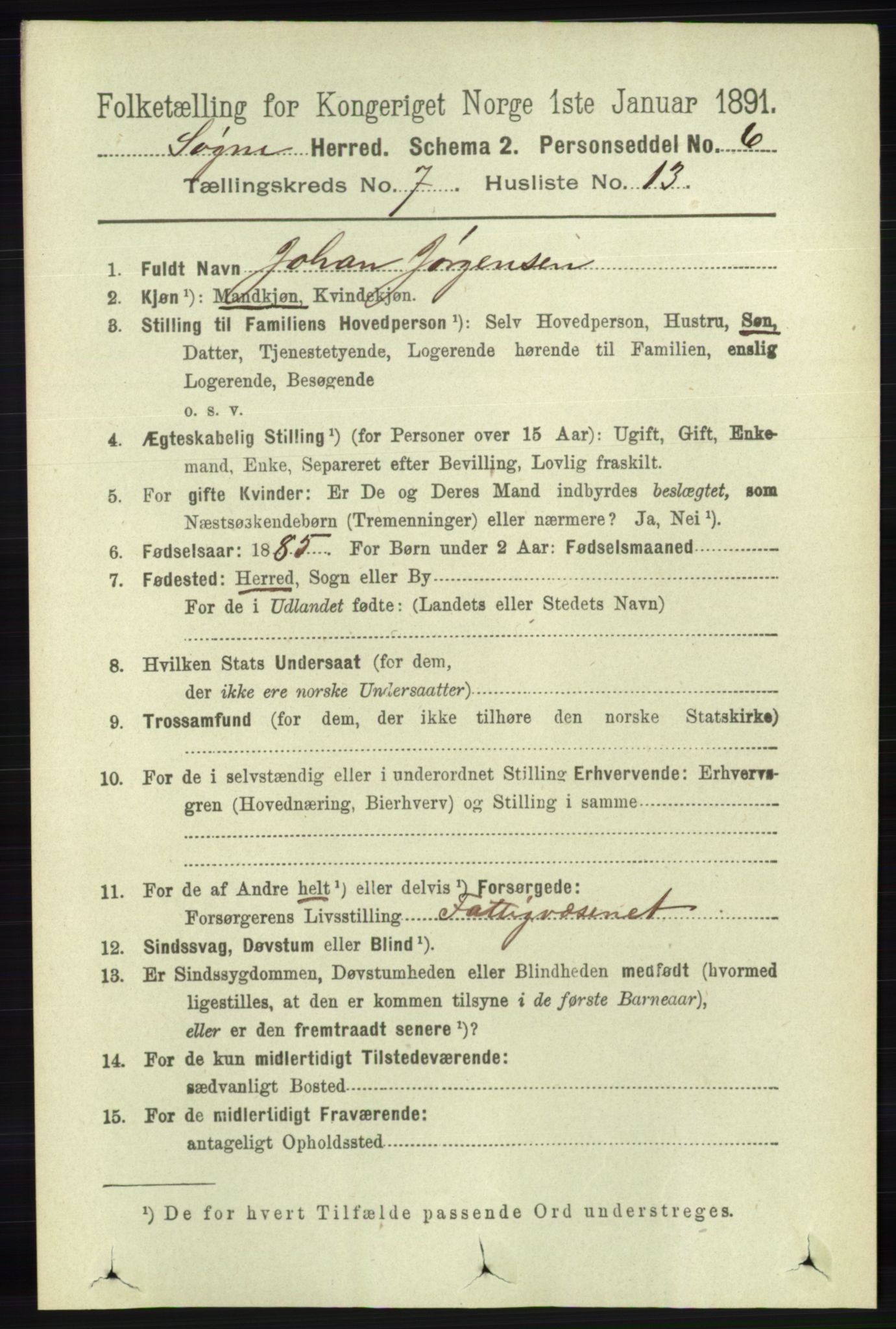 RA, 1891 census for 1018 Søgne, 1891, p. 1610