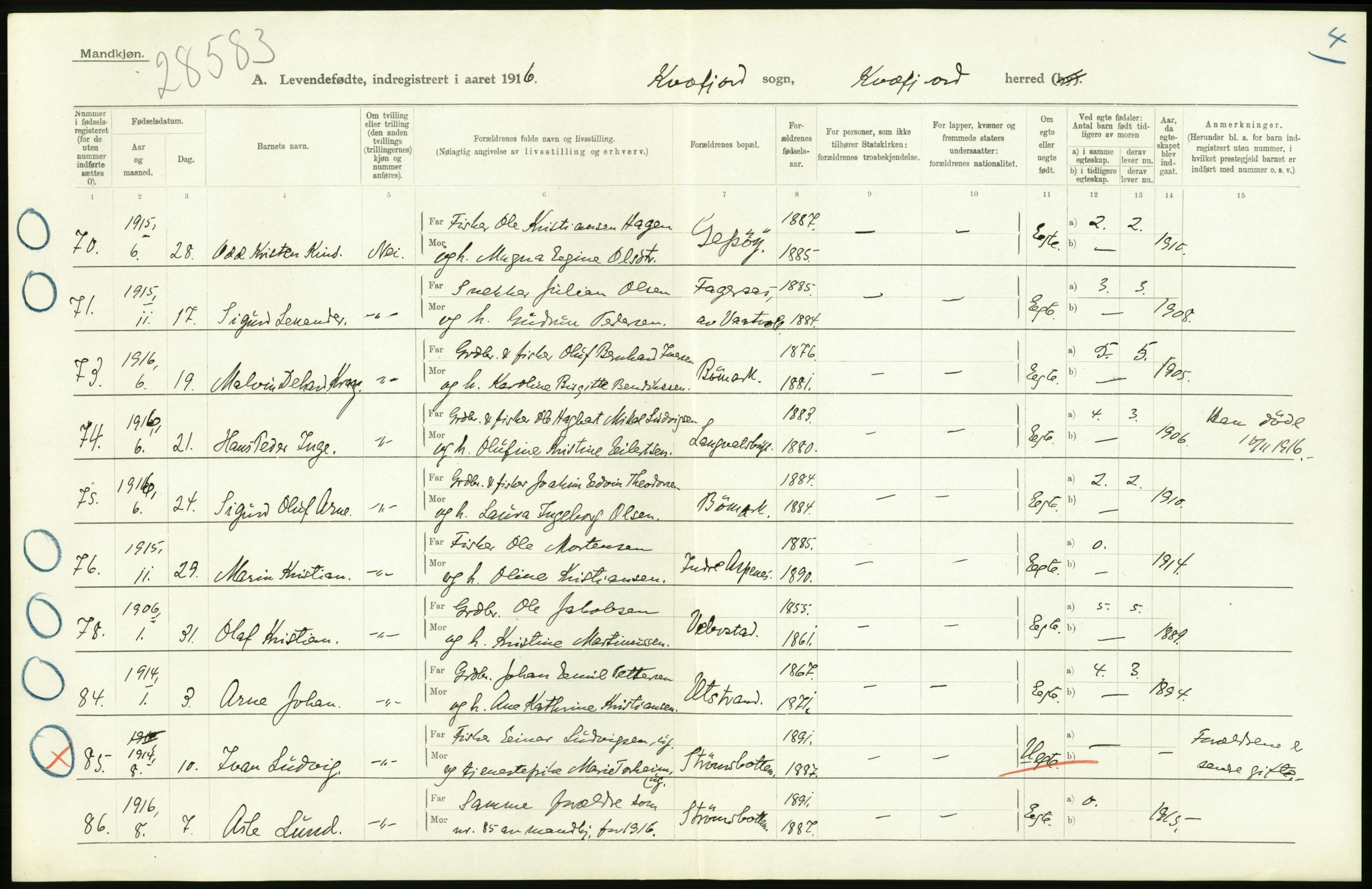 Statistisk sentralbyrå, Sosiodemografiske emner, Befolkning, AV/RA-S-2228/D/Df/Dfb/Dfbf/L0053: Tromsø amt: Levendefødte menn og kvinner. Bygder og byer., 1916, p. 26