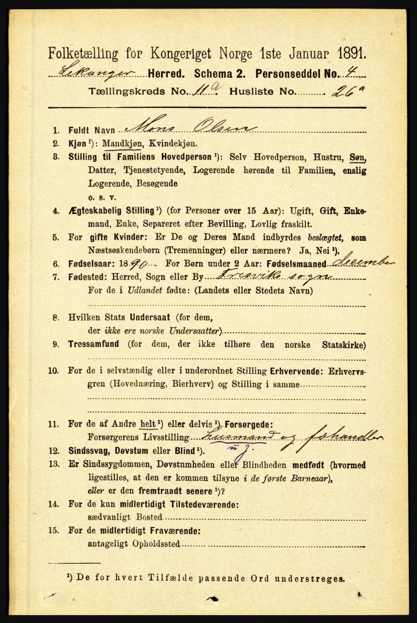 RA, 1891 census for 1419 Leikanger, 1891, p. 2138