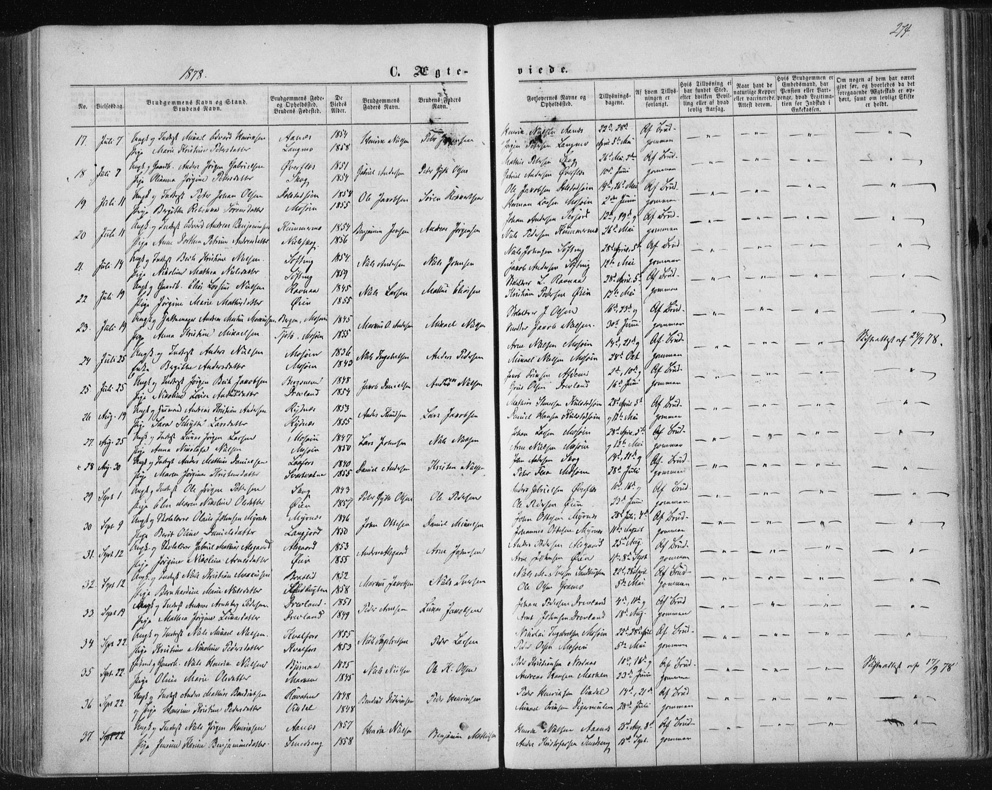 Ministerialprotokoller, klokkerbøker og fødselsregistre - Nordland, AV/SAT-A-1459/820/L0294: Parish register (official) no. 820A15, 1866-1879, p. 274