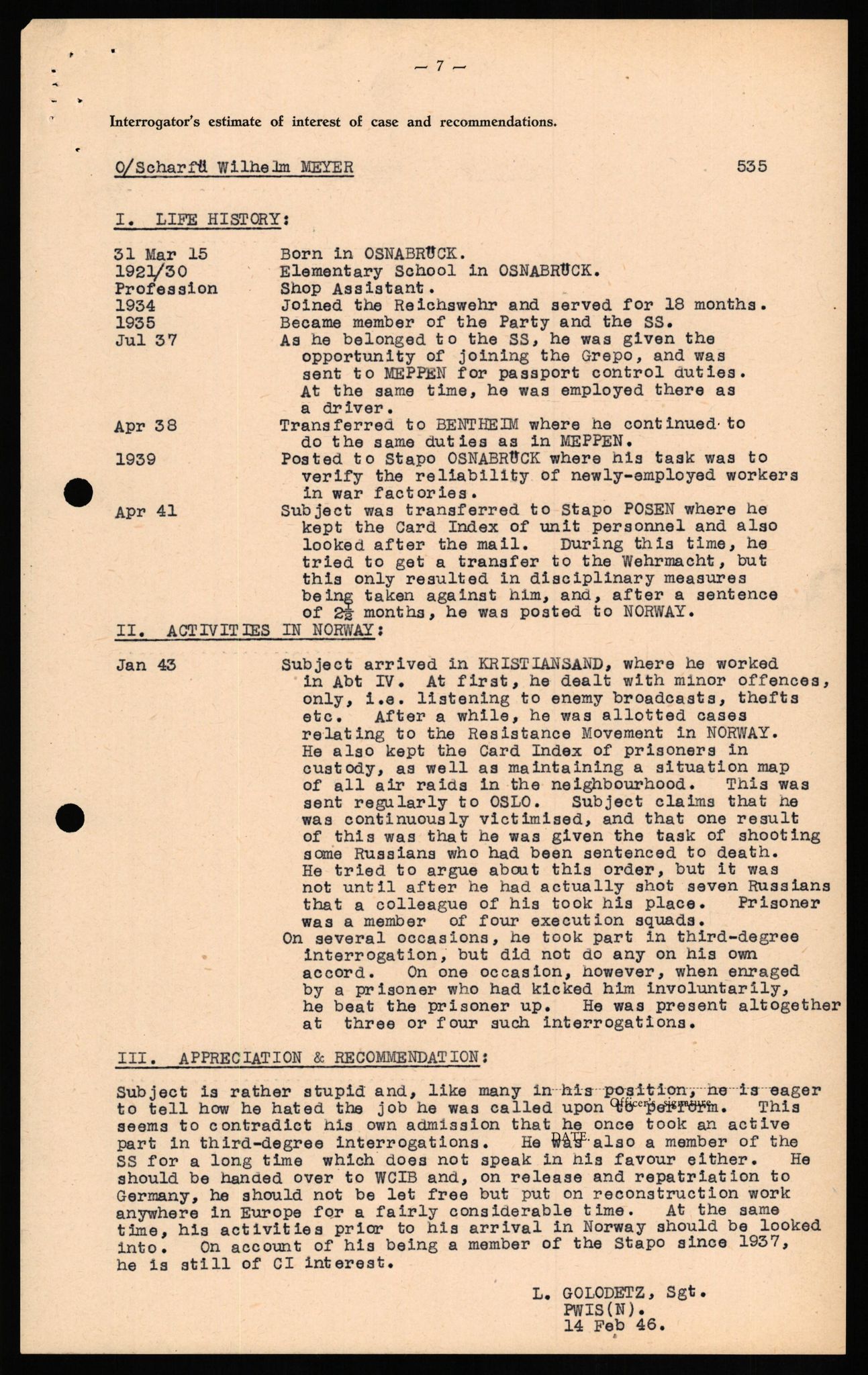 Forsvaret, Forsvarets overkommando II, RA/RAFA-3915/D/Db/L0022: CI Questionaires. Tyske okkupasjonsstyrker i Norge. Tyskere., 1945-1946, p. 129