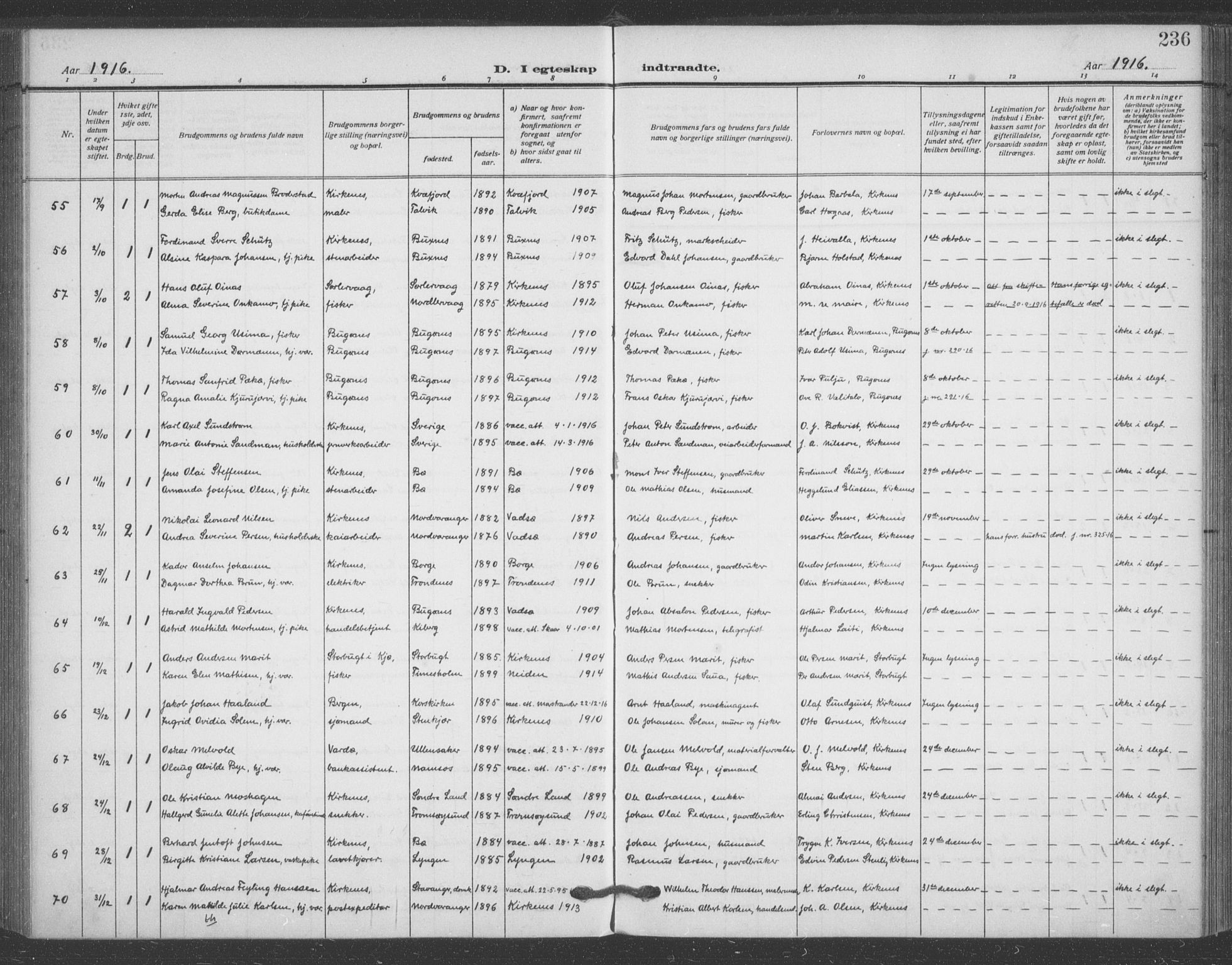 Sør-Varanger sokneprestkontor, AV/SATØ-S-1331/H/Ha/L0005kirke: Parish register (official) no. 5, 1909-1919, p. 236