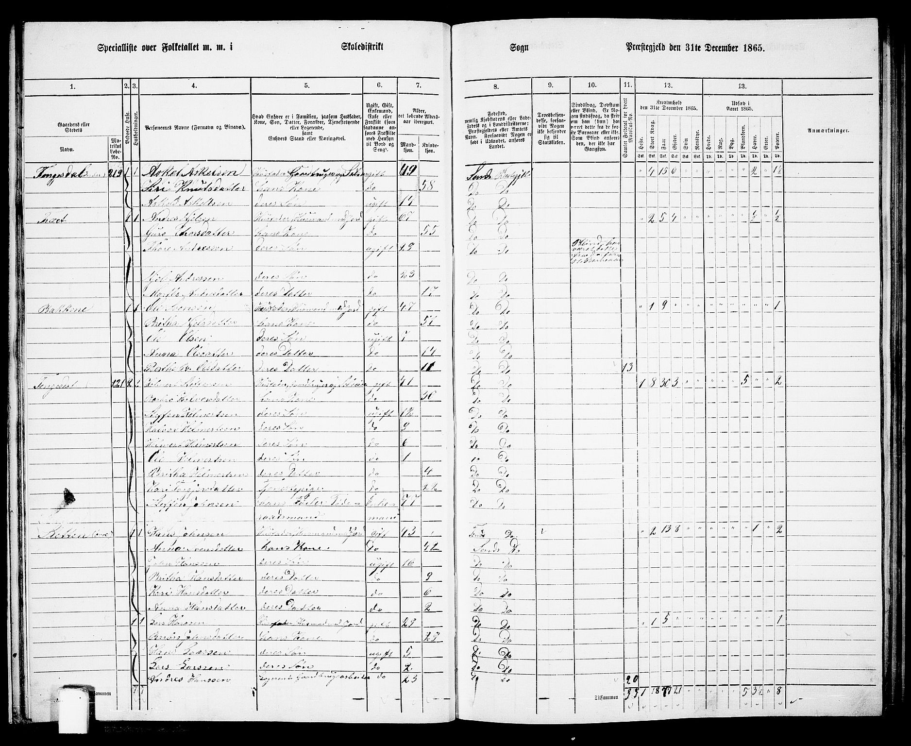 RA, 1865 census for Sand, 1865, p. 26