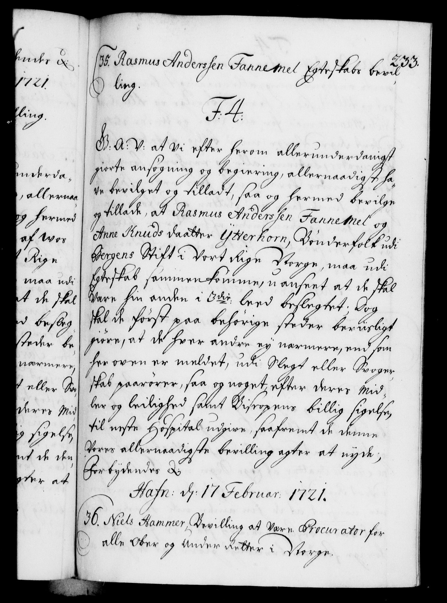 Danske Kanselli 1572-1799, RA/EA-3023/F/Fc/Fca/Fcaa/L0023: Norske registre, 1720-1722, p. 233a