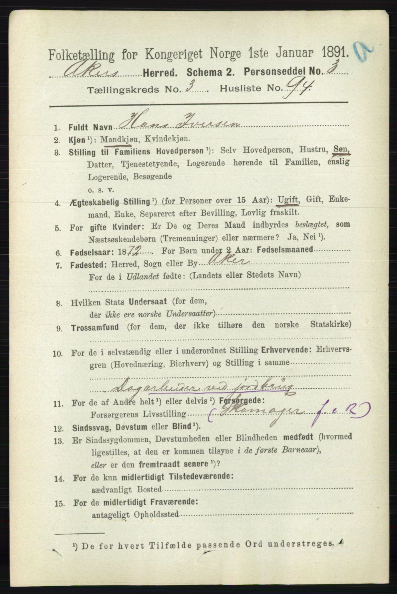 RA, 1891 census for 0218 Aker, 1891, p. 3850