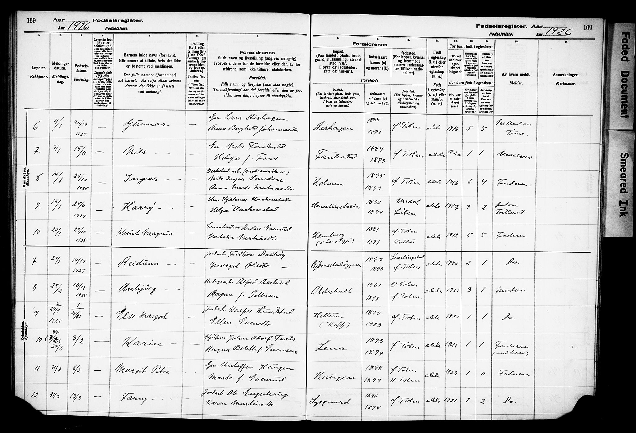 Østre Toten prestekontor, AV/SAH-PREST-104/I/Id/L0001/0001: Birth register no. 1.1, 1916-1928, p. 169