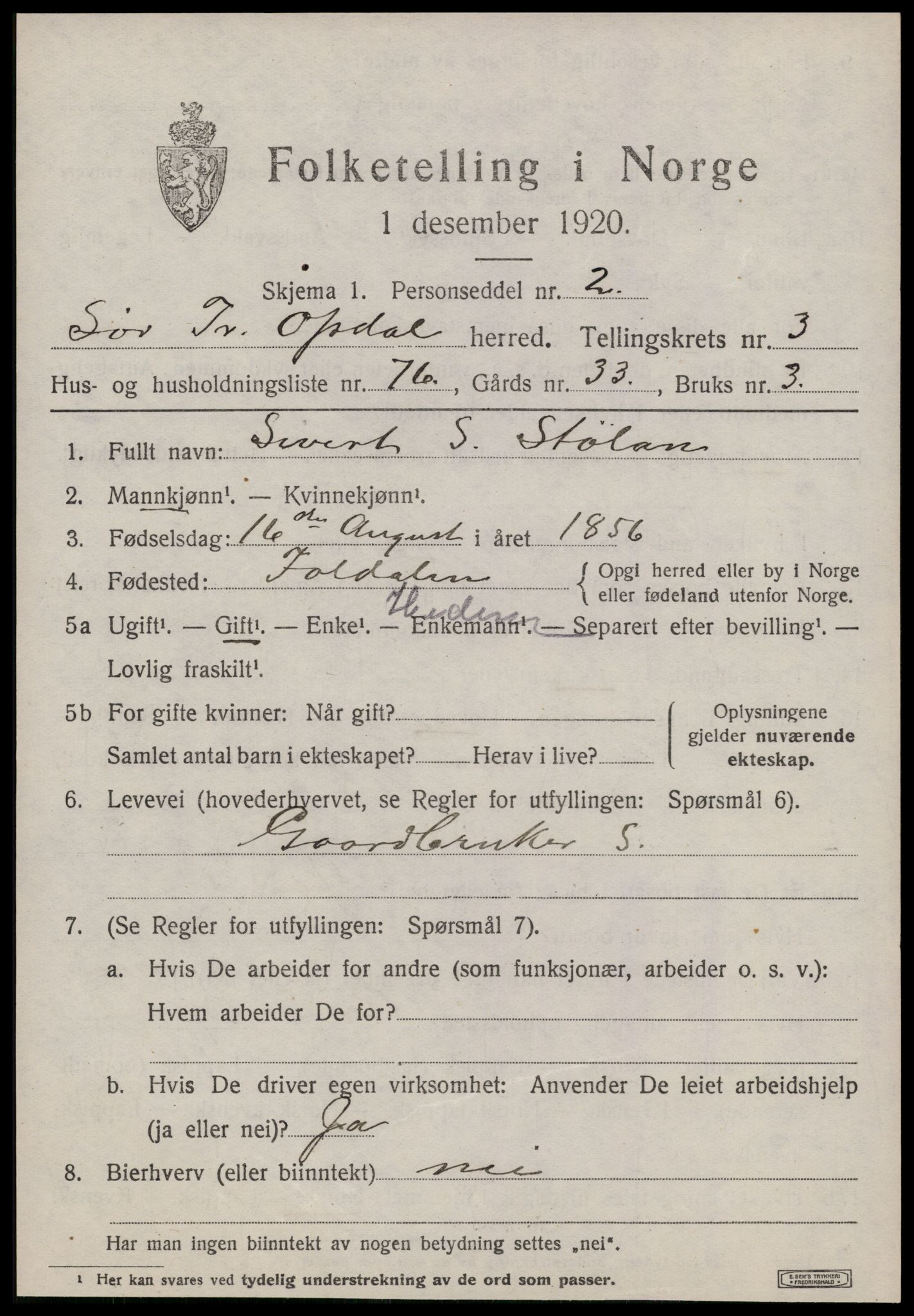 SAT, 1920 census for Oppdal, 1920, p. 4017