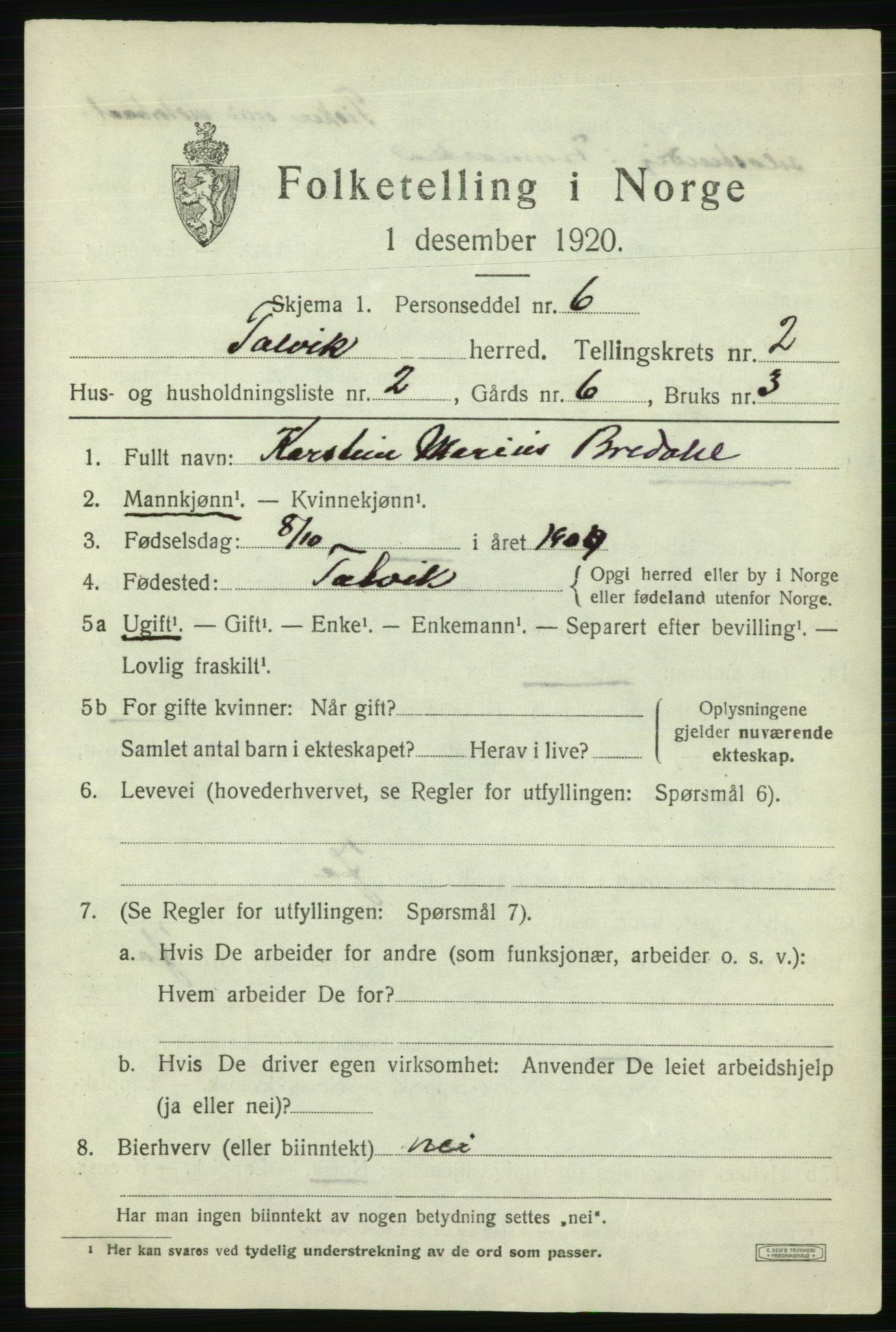 SATØ, 1920 census for Talvik, 1920, p. 1560