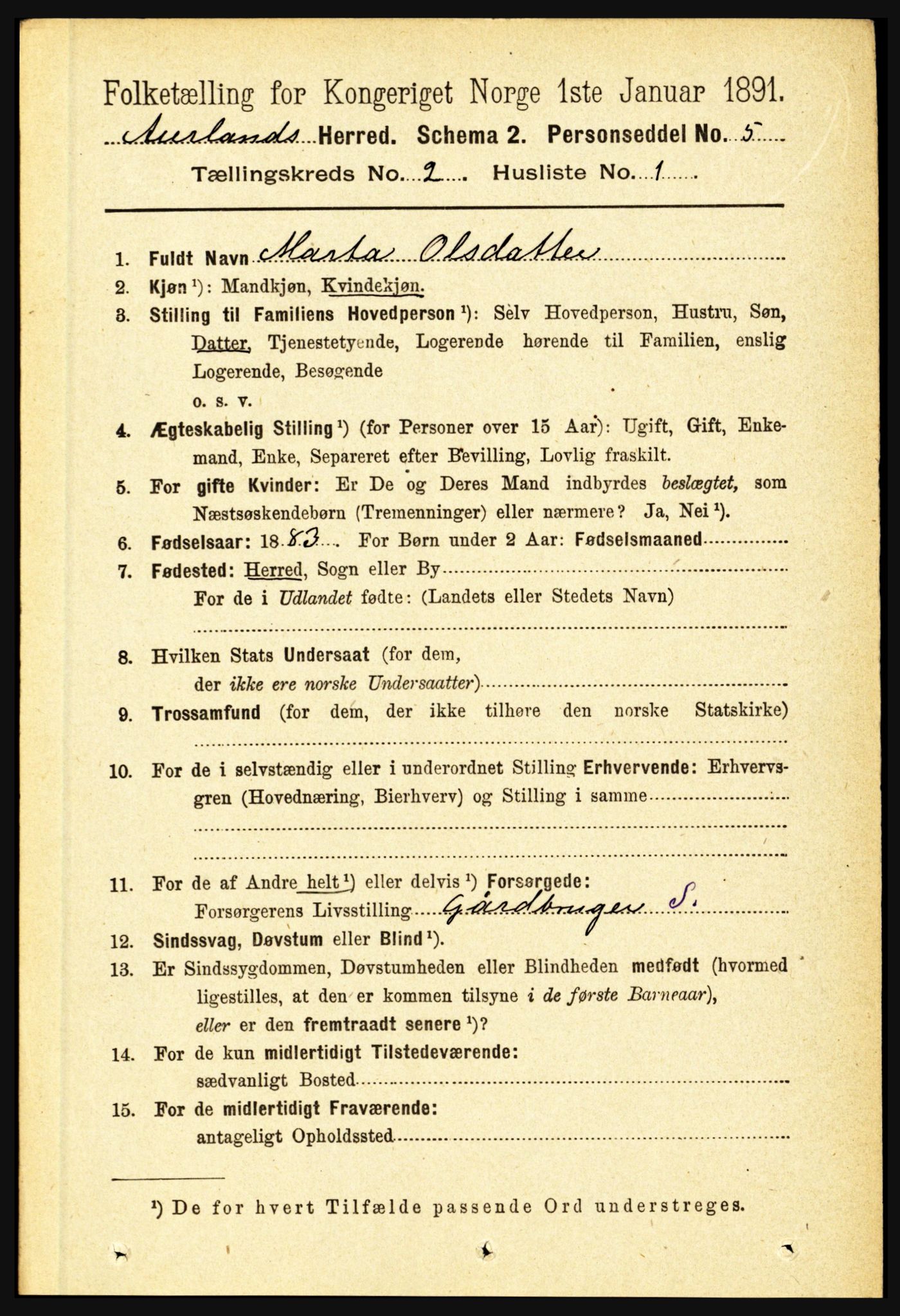 RA, 1891 census for 1421 Aurland, 1891, p. 491