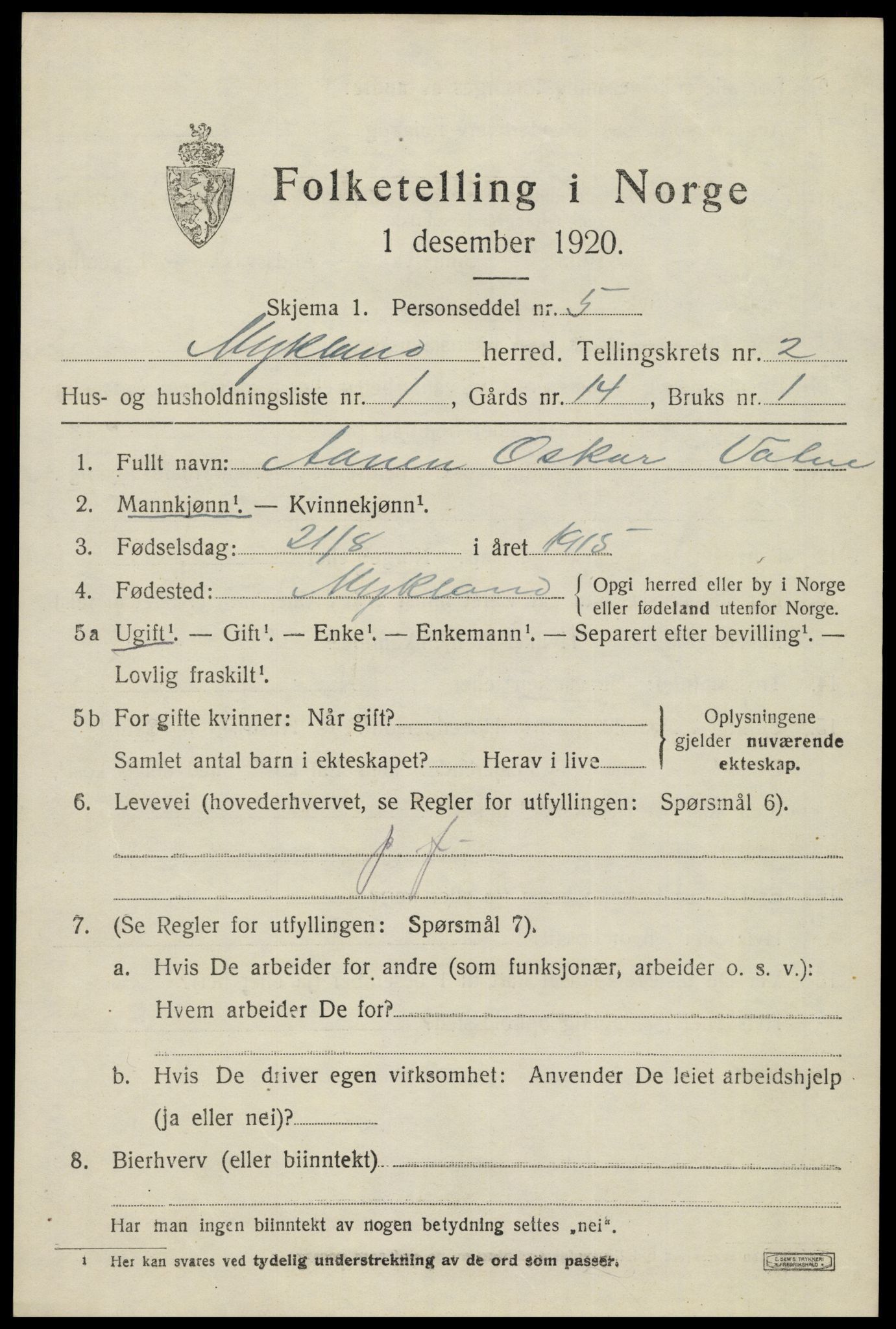 SAK, 1920 census for Mykland, 1920, p. 712