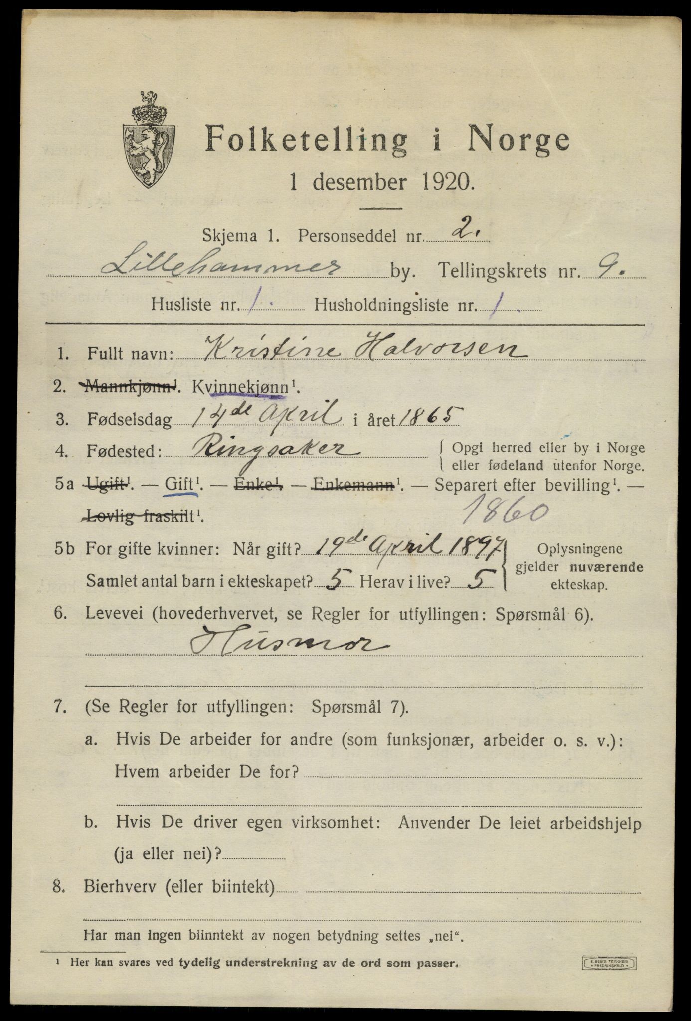 SAH, 1920 census for Lillehammer, 1920, p. 11676